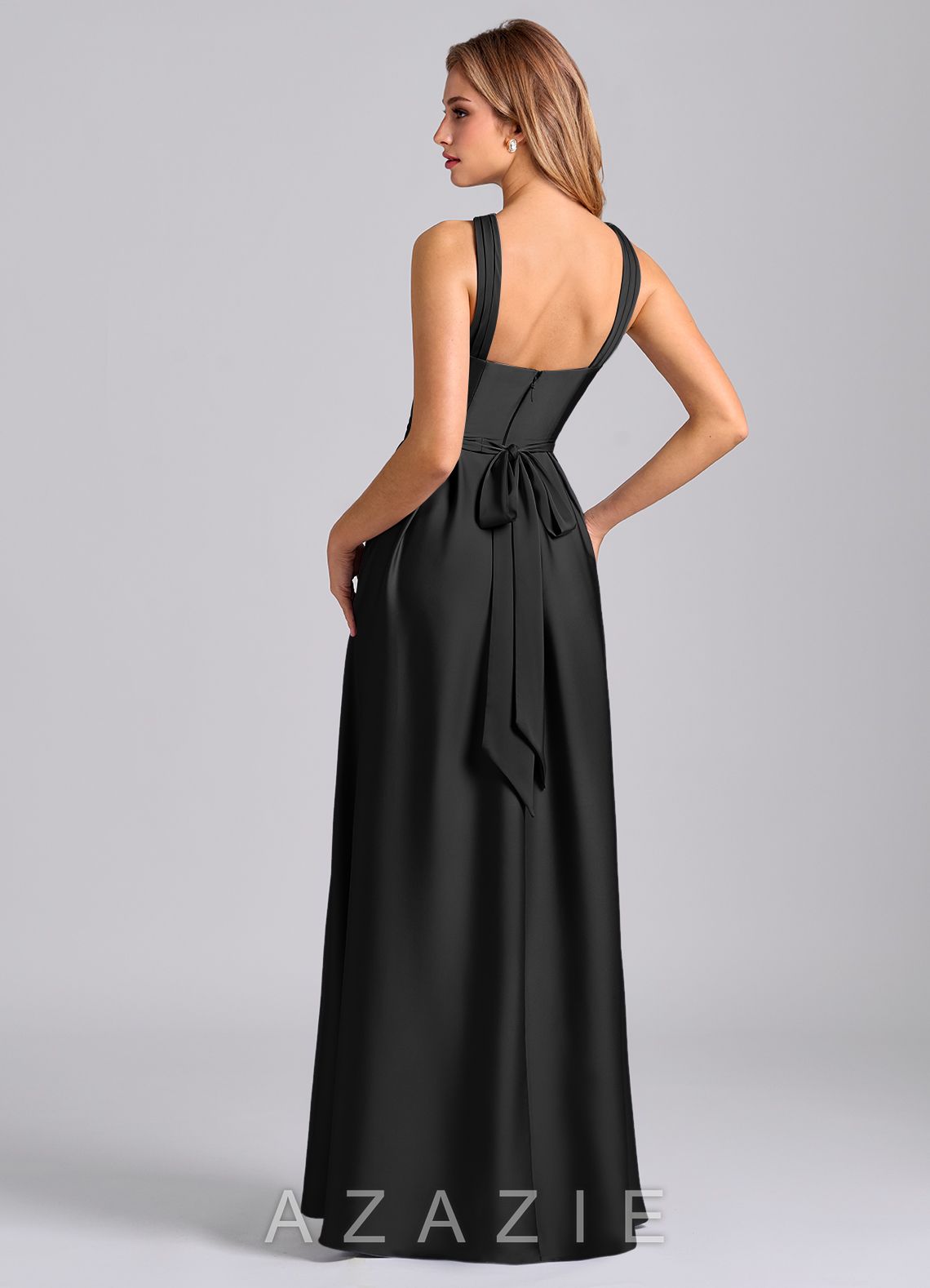 Azazie Dixie Black A-Line Pleated Stretch Satin Dress black