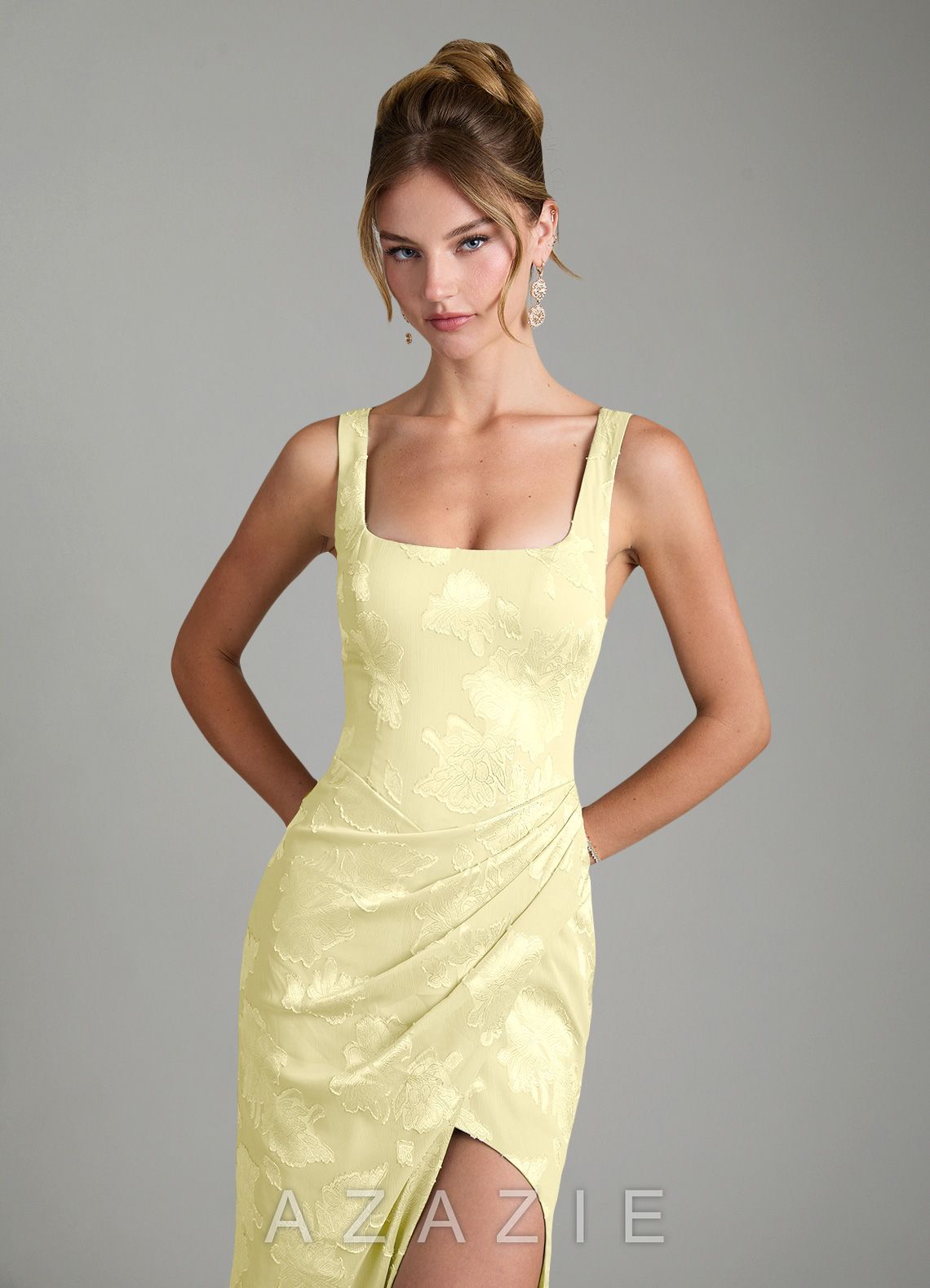 Azazie Mero Lemon Sorbet Mermaid Pleated Floral Jacquard Burnout Dress lemon_sorbet