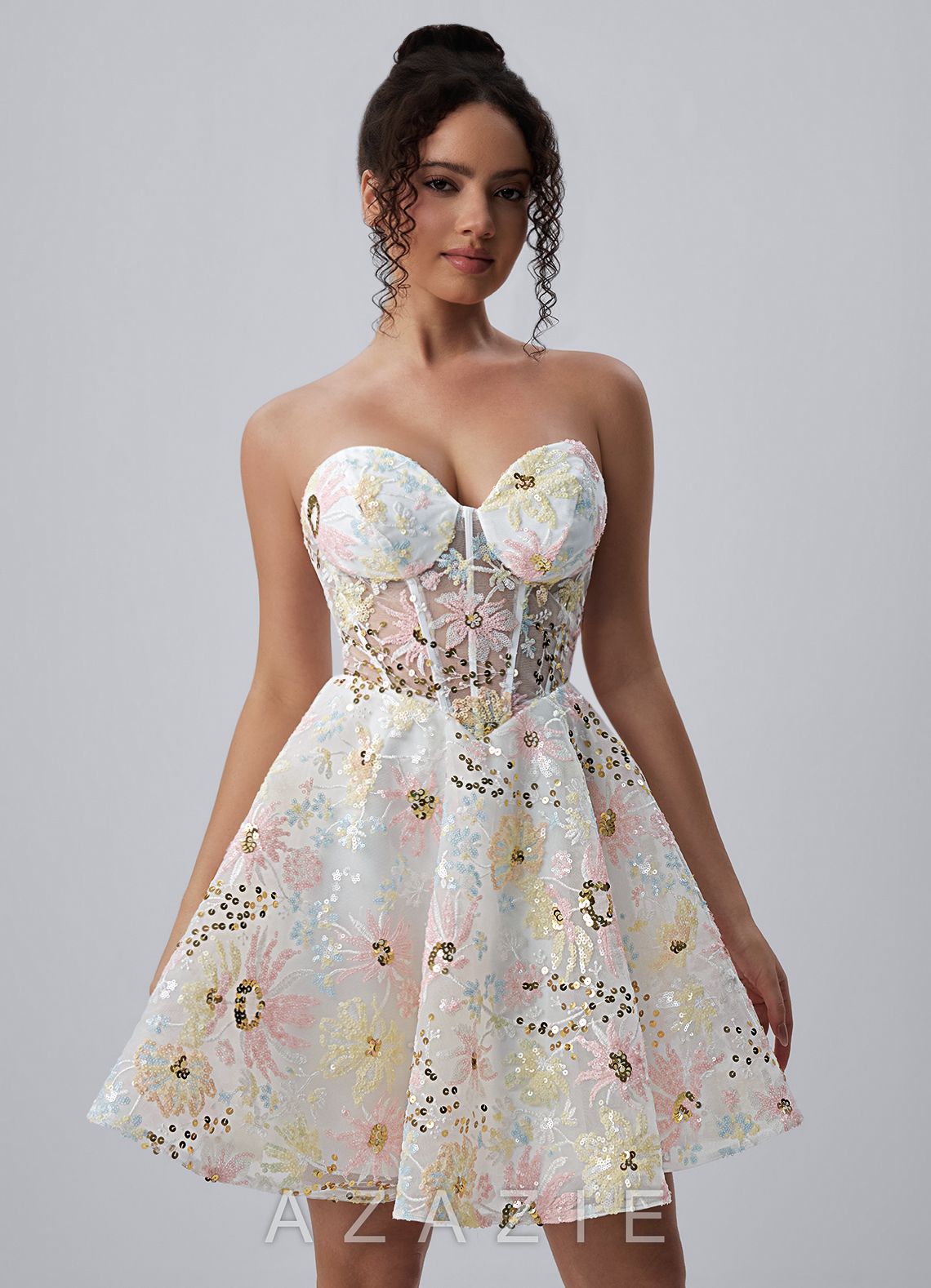 Julienne Ivory Strapless Floral Sequin Corset Skater Mini Dress
