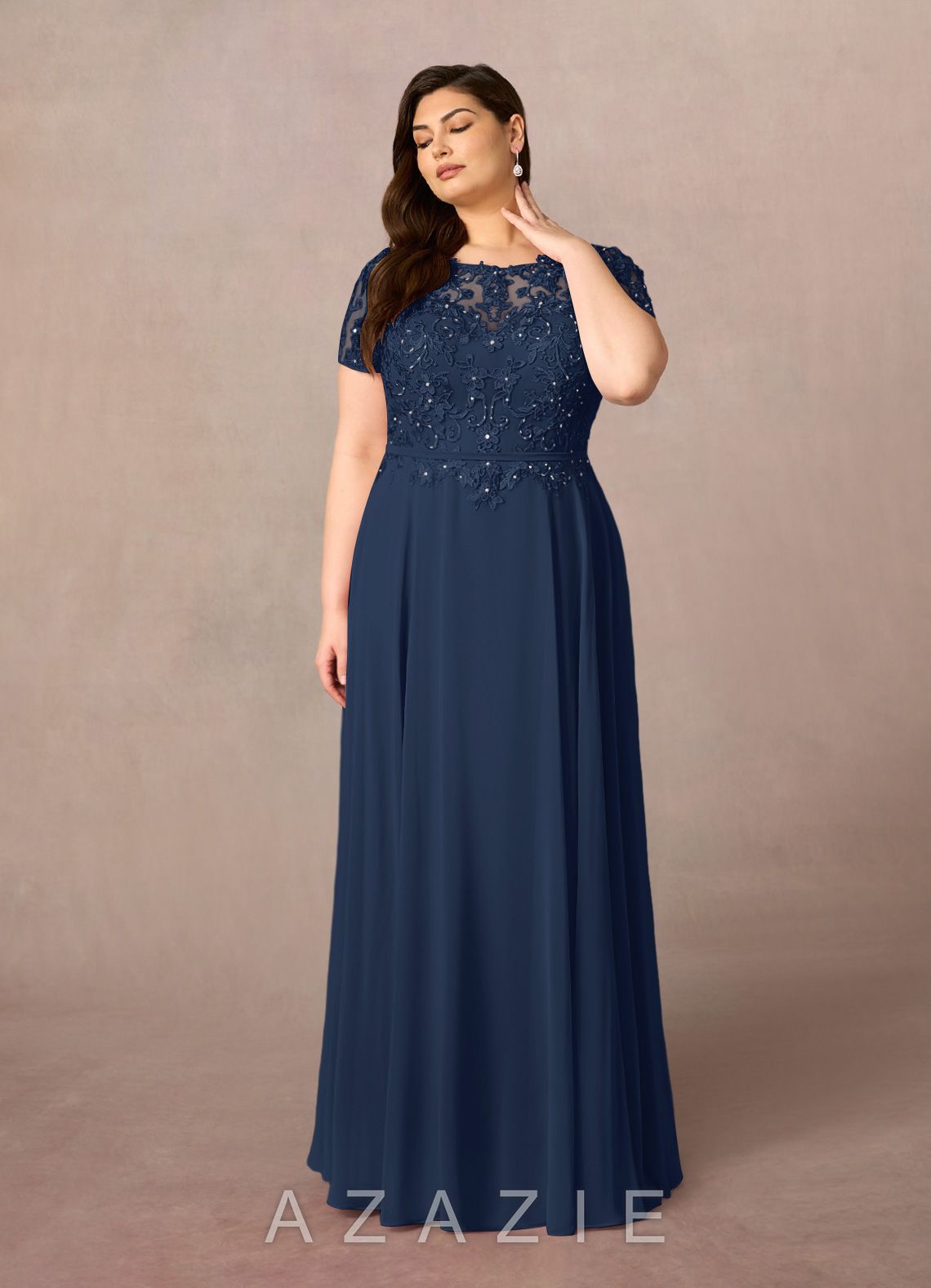 Azazie Adina Dark Navy A-Line Boatneck Sequins Chiffon Dress dark_navy