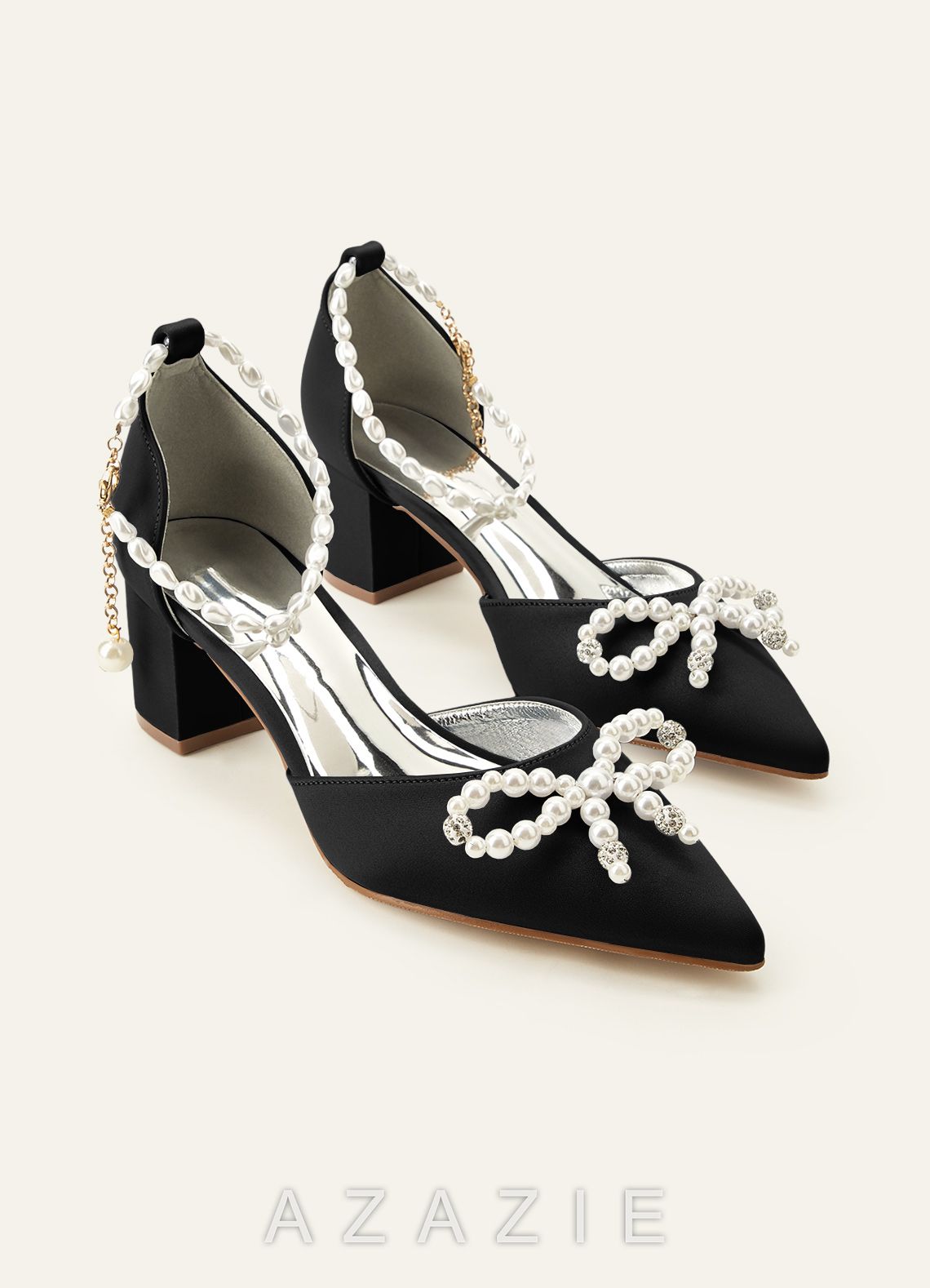 Matching Color Pearl Embellished Pointed Toe Matte Satin Block Heel Pumps Bow We