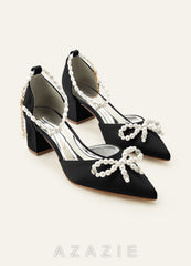 Matching Color Pearl Embellished Pointed Toe Matte Satin Block Heel Pumps Bow We