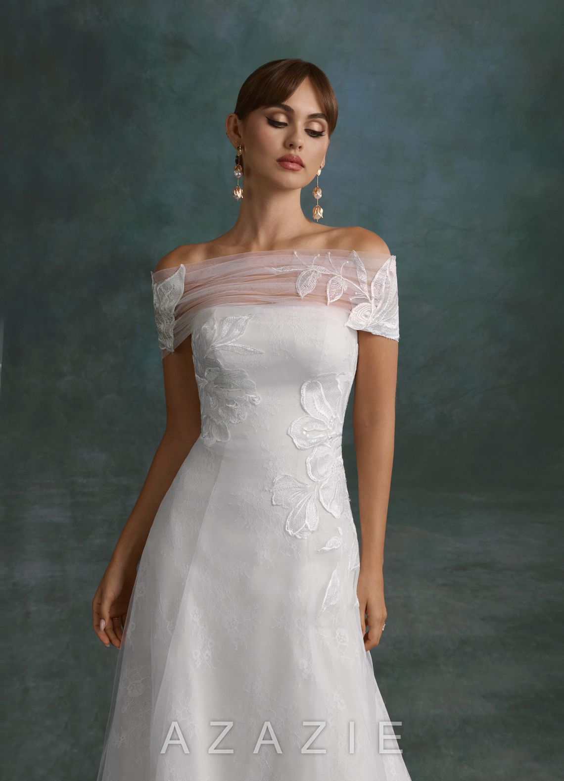 Azazie Berkely Diamond White A-Line Off the Shoulder Tulle Dress