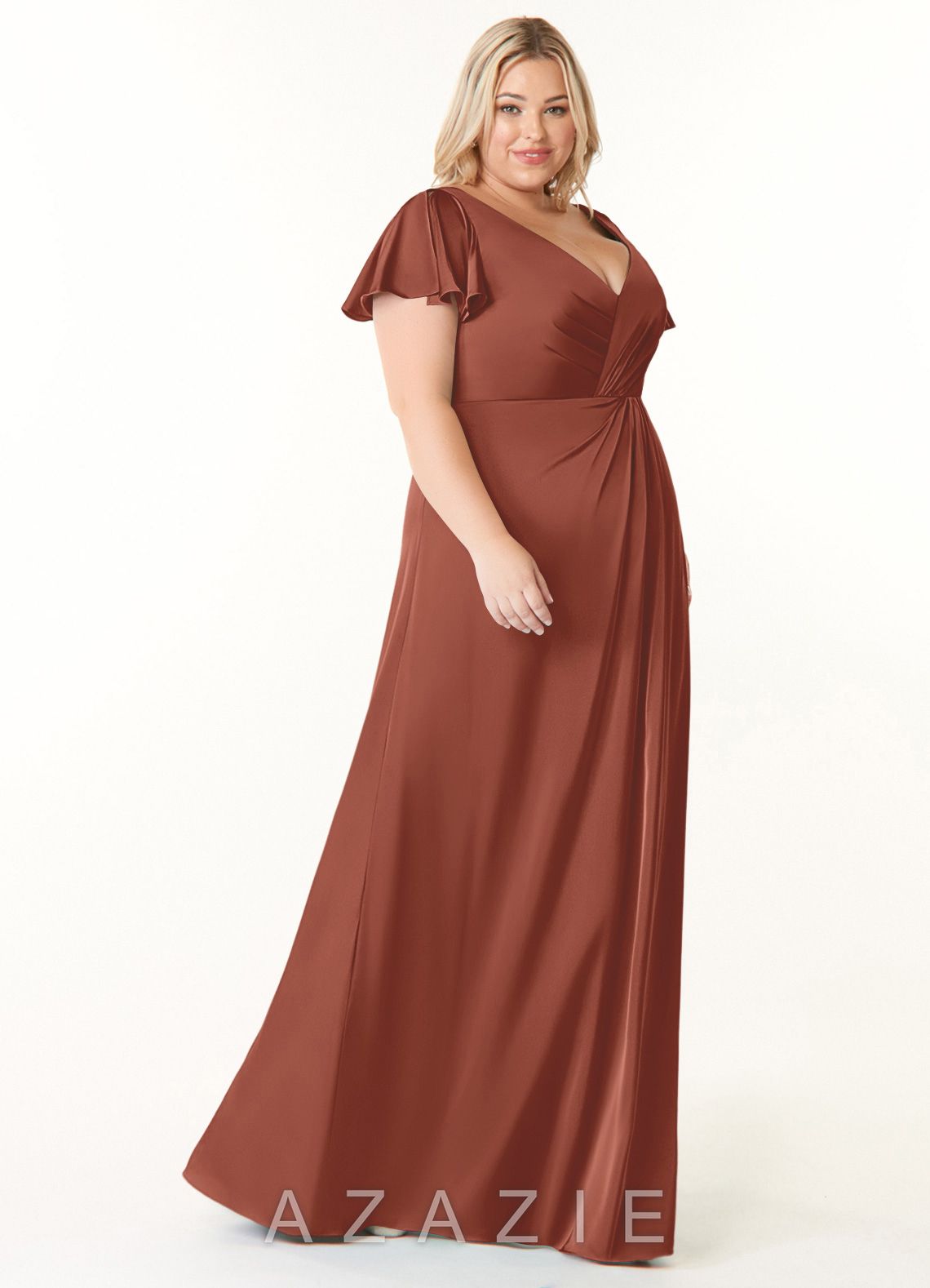 Azazie Soren Auburn A-Line Pleated Stretch Satin Dress auburn