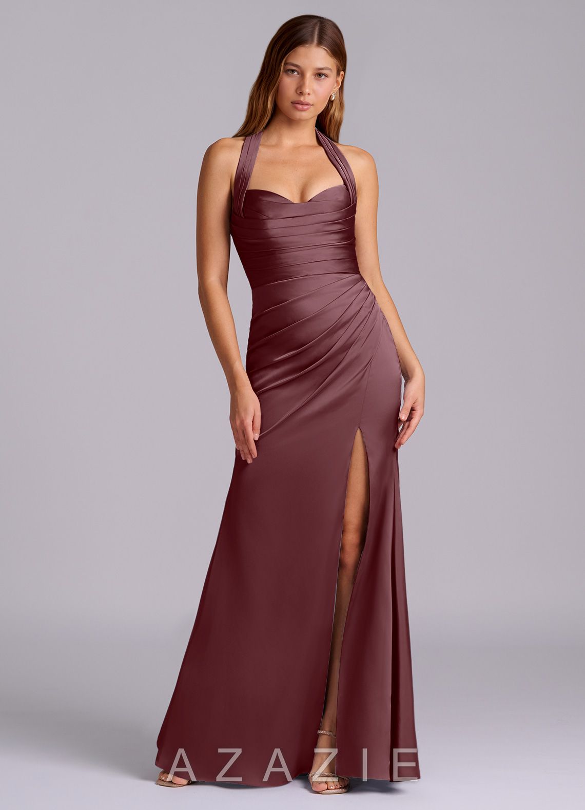 Azazie Destiny Sangria Mermaid Sweetheart Neckline Stretch Satin Dress sangria