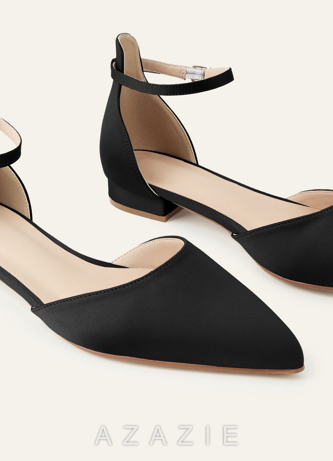 Matching Color Matte Satin Pointed Toe Ankle Strap Flat Pumps Low Heel Wedding Shoes  black