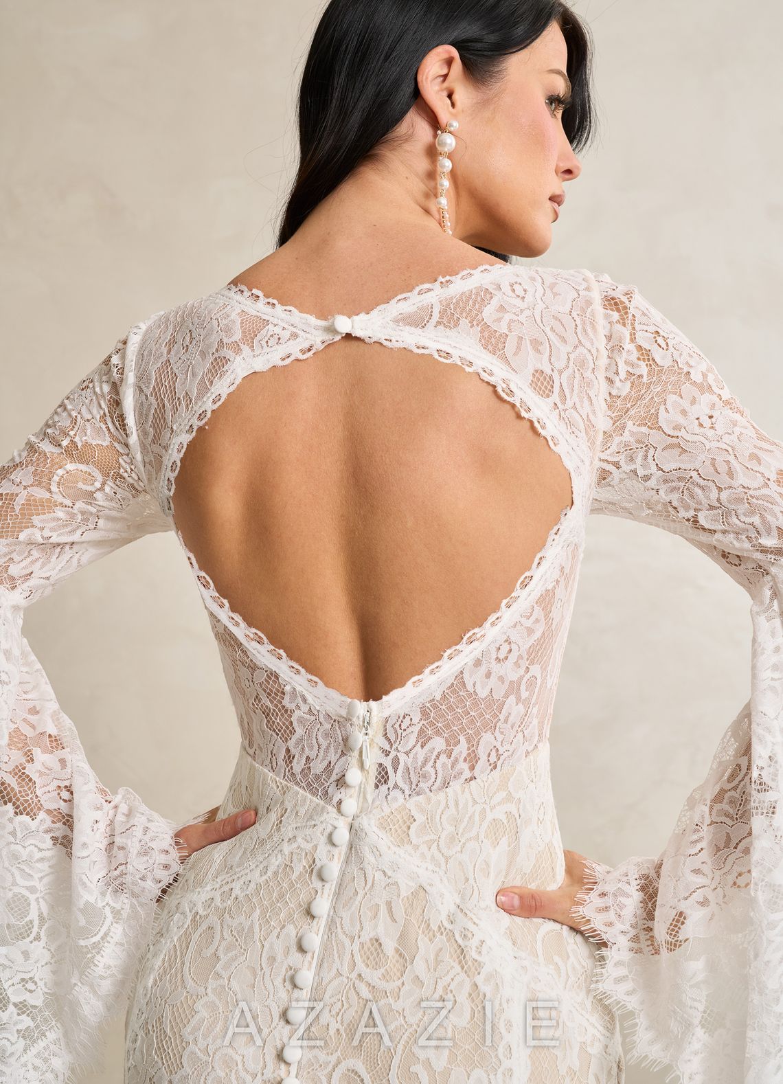 Azazie Hayes Wedding Dress Diamond White Champagne Mermaid V-Neck Lace Dress diamond_white/champagne