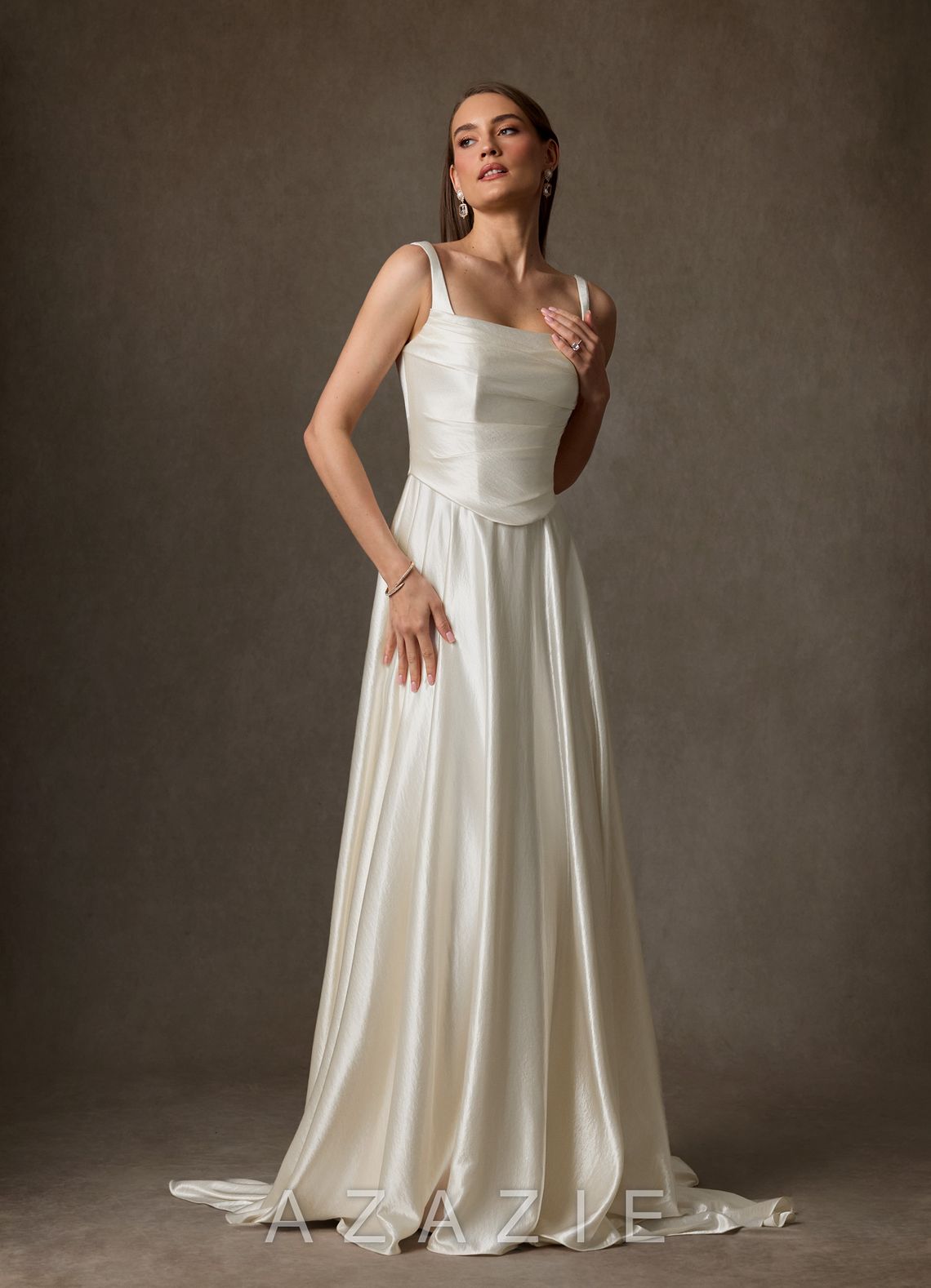 Azazie Samira Antique White A-Line Square Neckline Charmeuse Dress antique_white