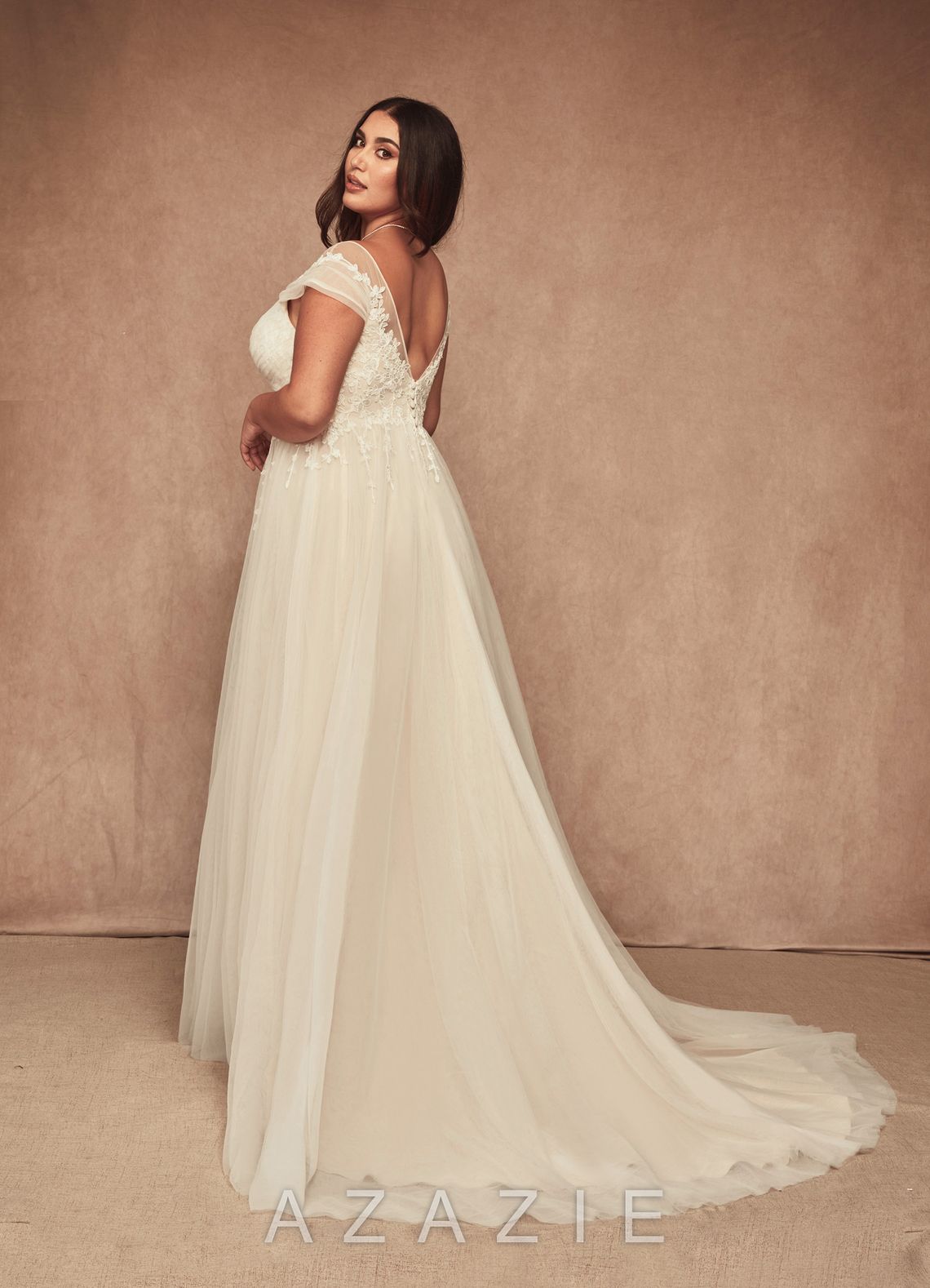 Azazie Bellisima Wedding Dress Diamond White Champagne A-Line V-Neck Tulle Dress diamond_white/champagne