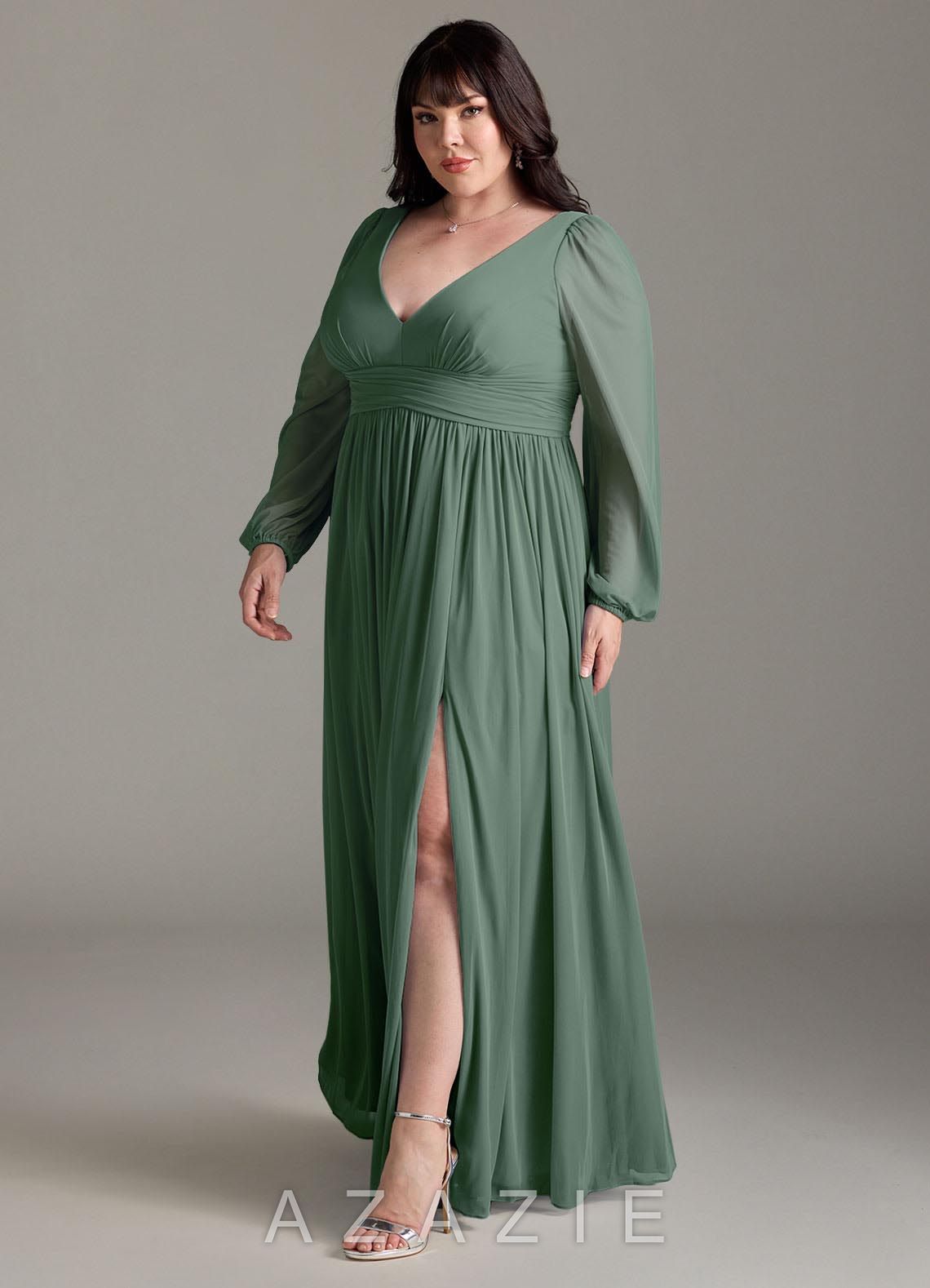 Azazie Norah Eucalyptus A-Line V-Neck Long Sleeve Chiffon Dress eucalyptus