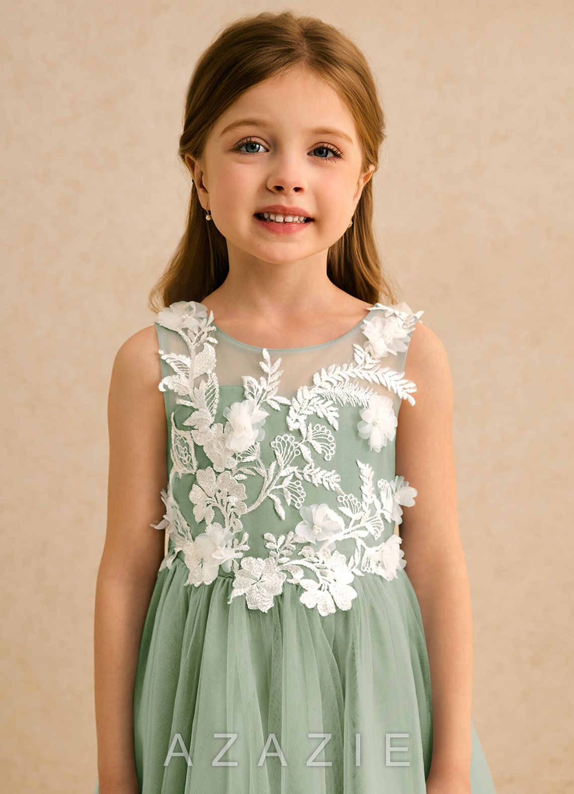 Azazie Mixie Dusty Sage Ball-Gown Lace Dress dusty_sage