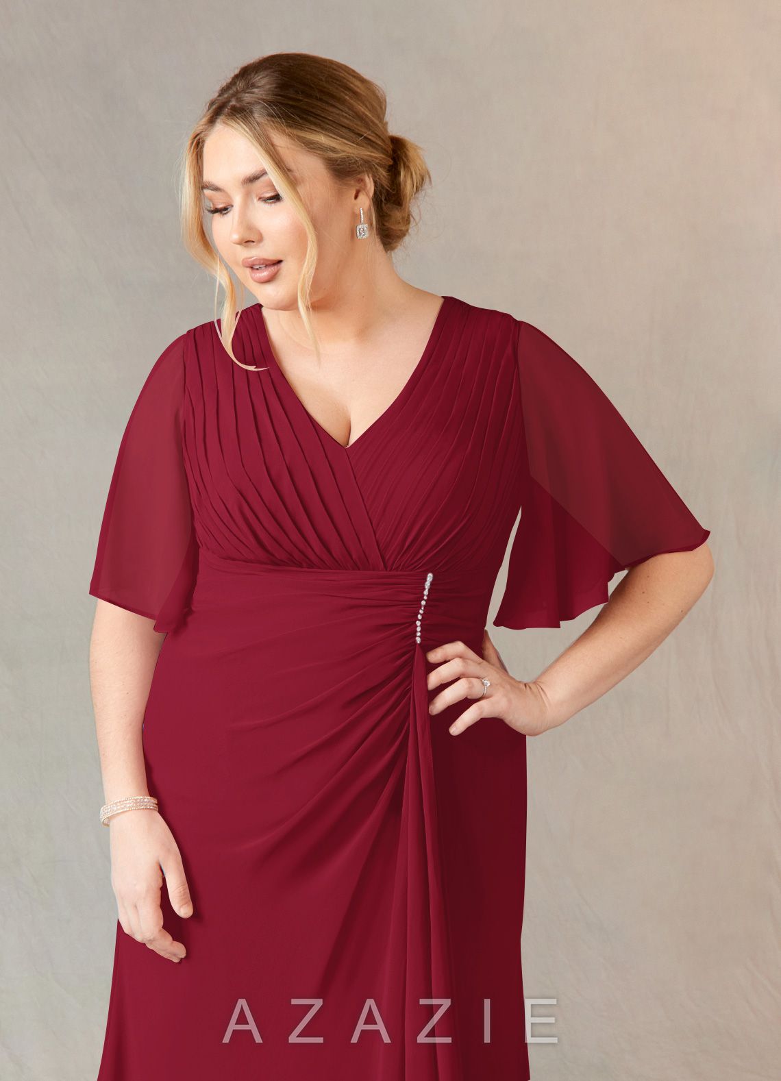 Azazie Carson Burgundy A-Line V-Neck Lace Chiffon Dress burgundy
