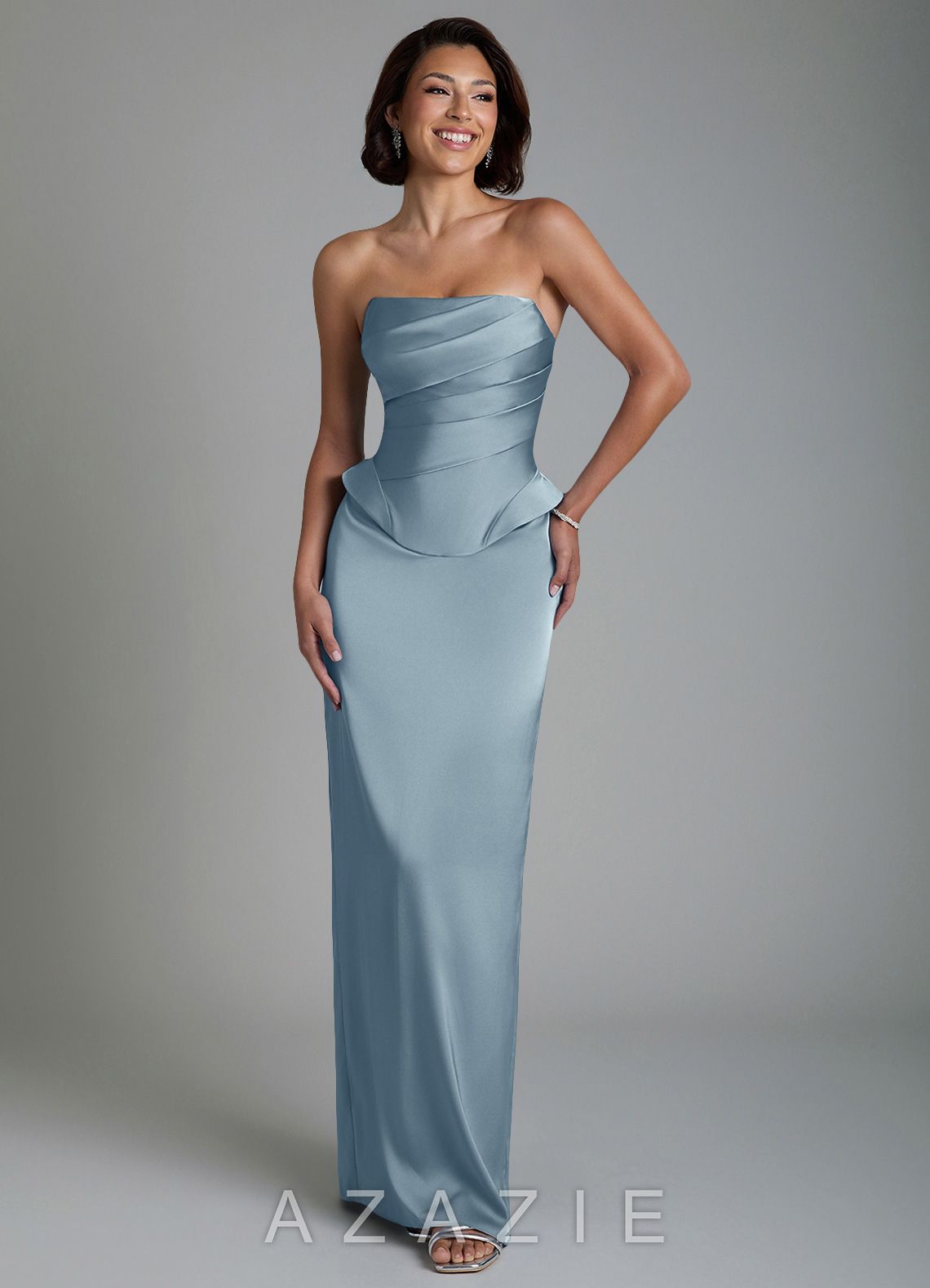 Azazie Harlow Dusty Blue Sheath Corset Stretch Satin Dress dusty_blue