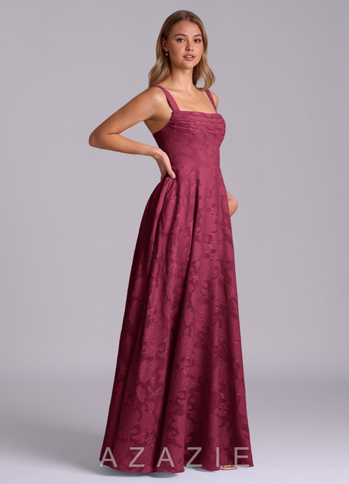 Azazie Shaude Burgundy A-Line Pleated Floral Burnout Dress burgundy