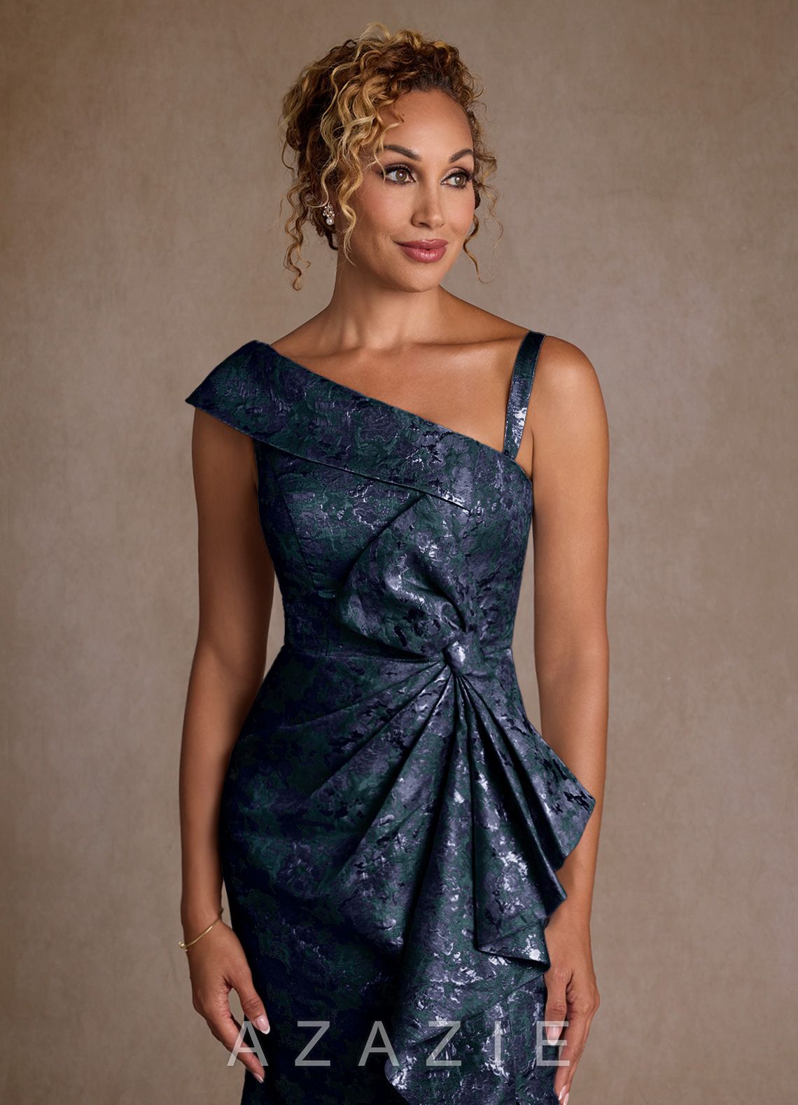Azazie Hampton Dark Navy Mermaid One Shoulder Jacquard Dress dark_navy