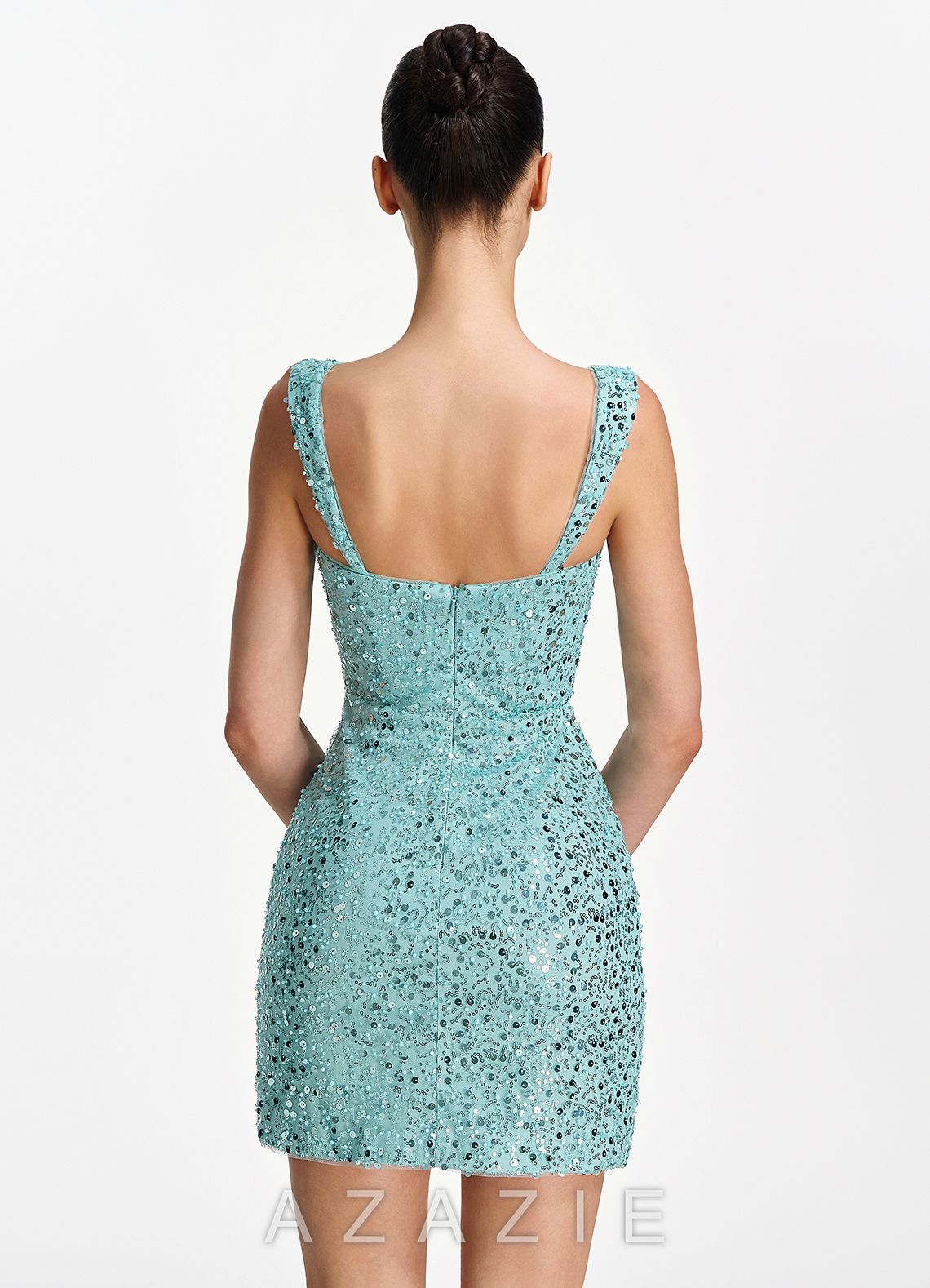 Sylvestrina Lake Blue Beading Sequin Embroidery Stretch Tulle Square-Neck Tank M