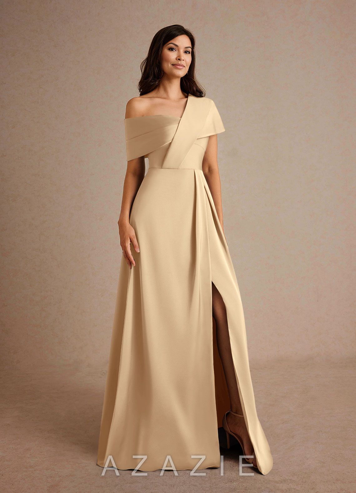 Azazie Milton Champagne A-Line Pleated Stretch Satin Dress champagne