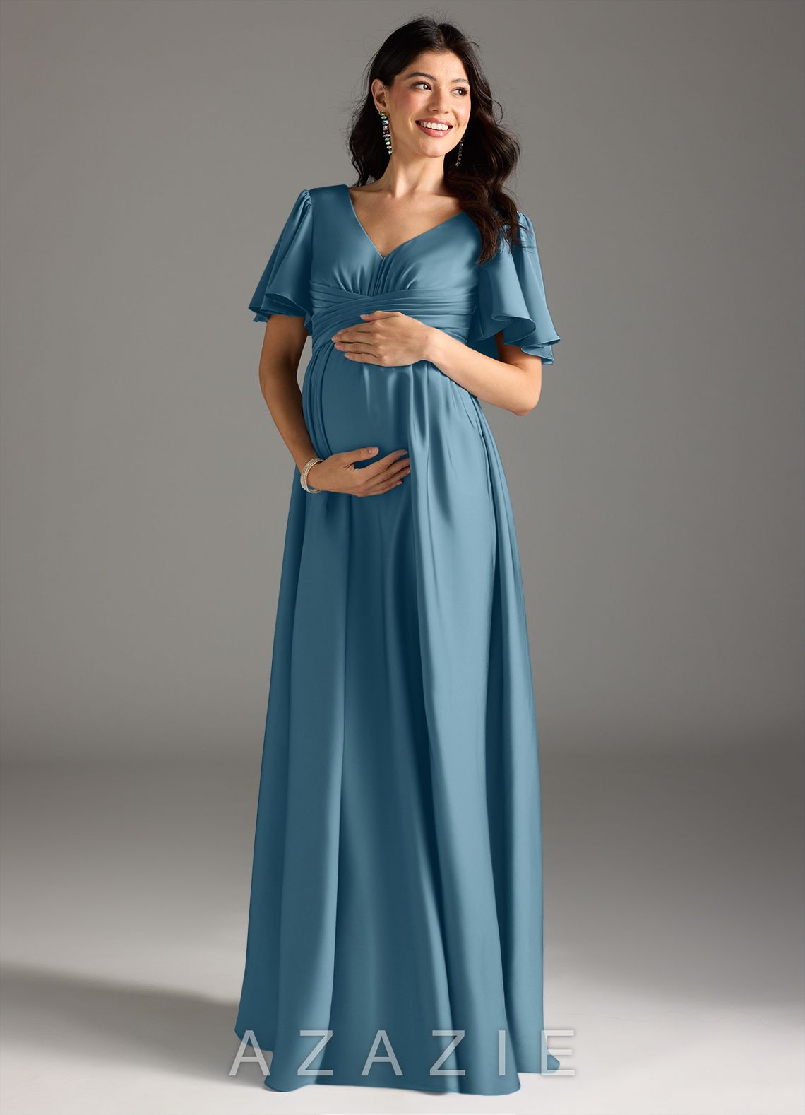 Azazie Verna A-Line Ruched Stretch Satin Floor-Length Dress bermuda
