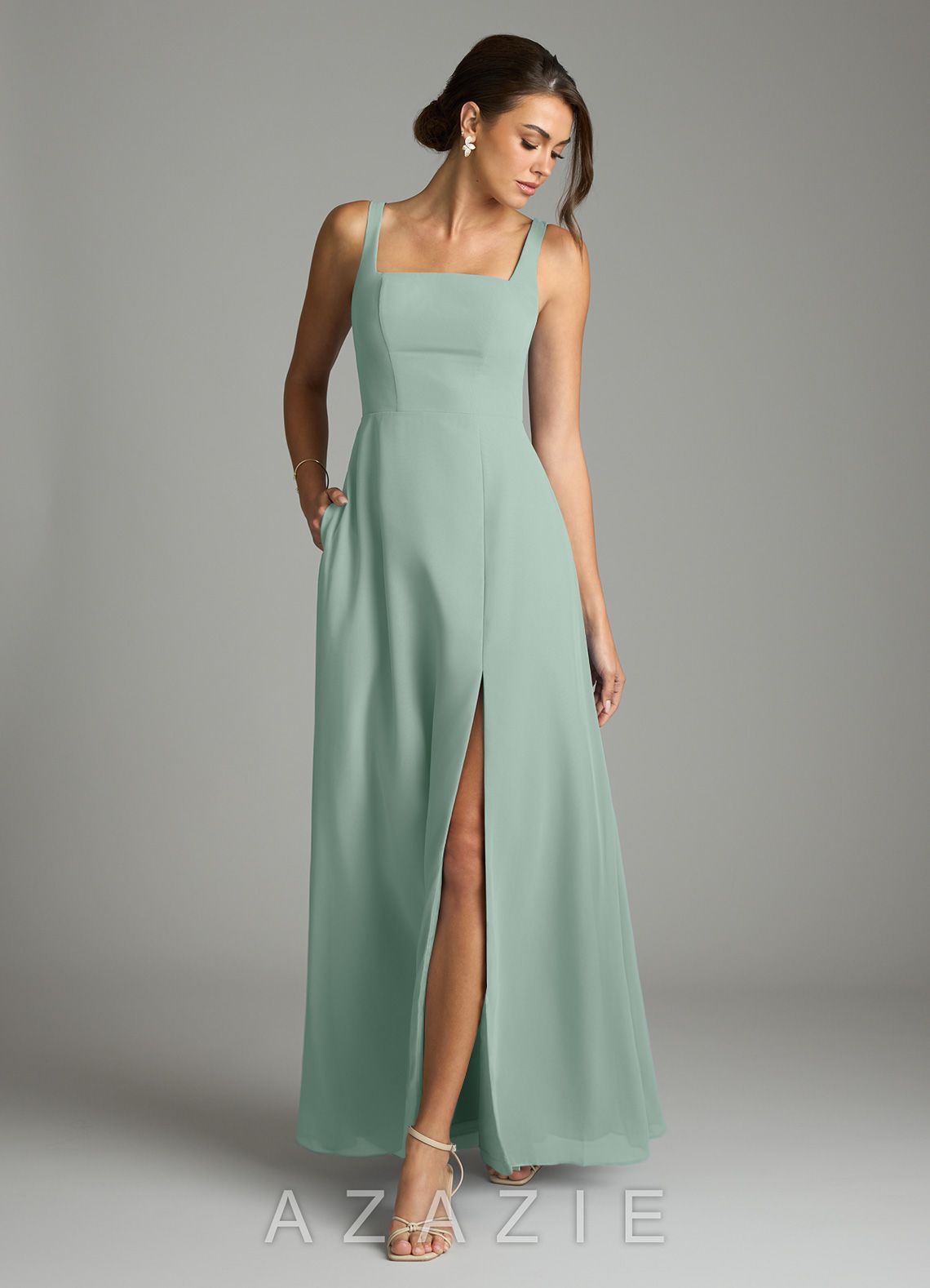 Azazie Debra Agave A-Line with Pockets Chiffon Convertible Dress agave