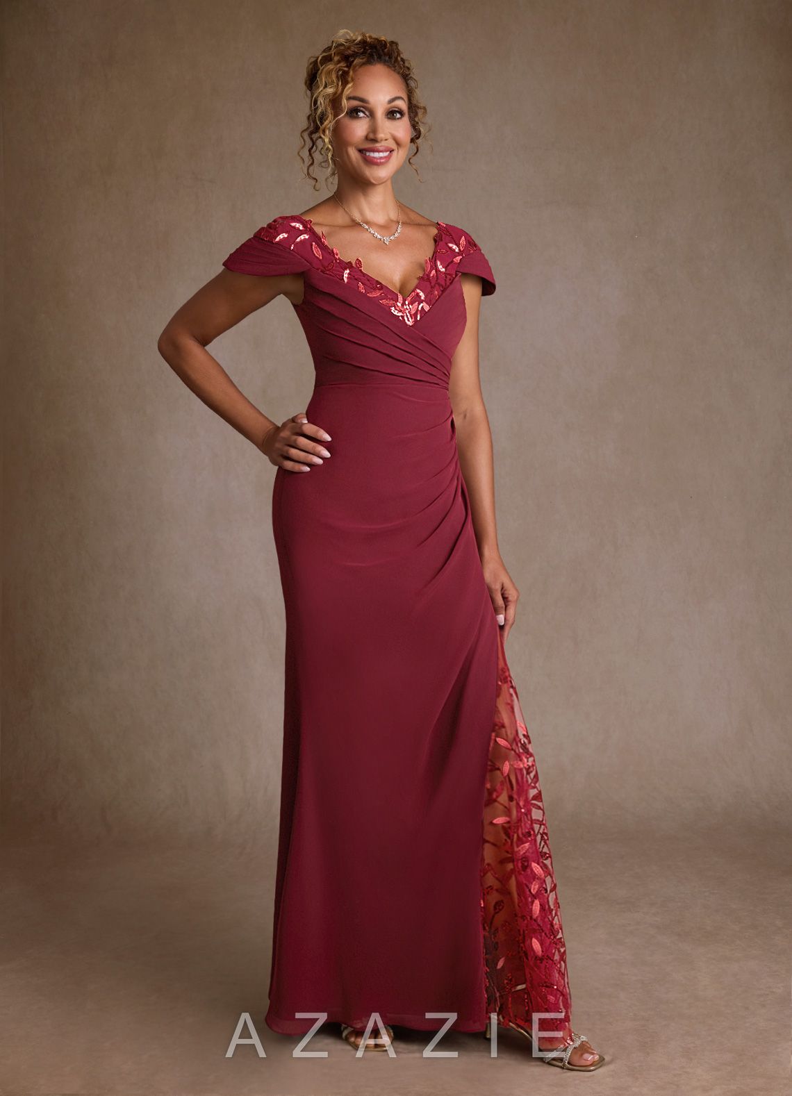 Azazie Betania Burgundy Mermaid Sequins Chiffon Dress burgundy