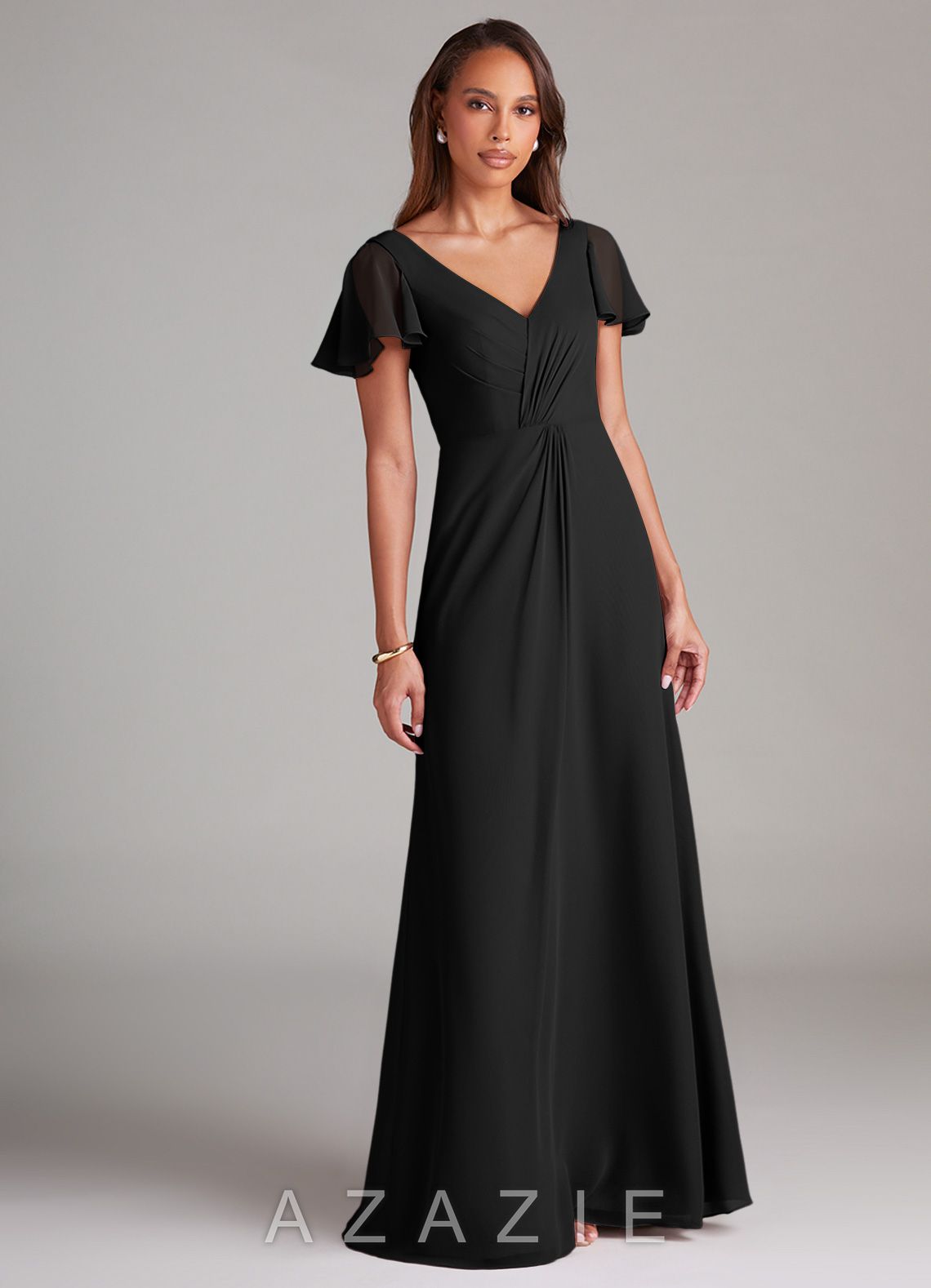 Azazie Soren Black A-Line Ruched Chiffon Dress