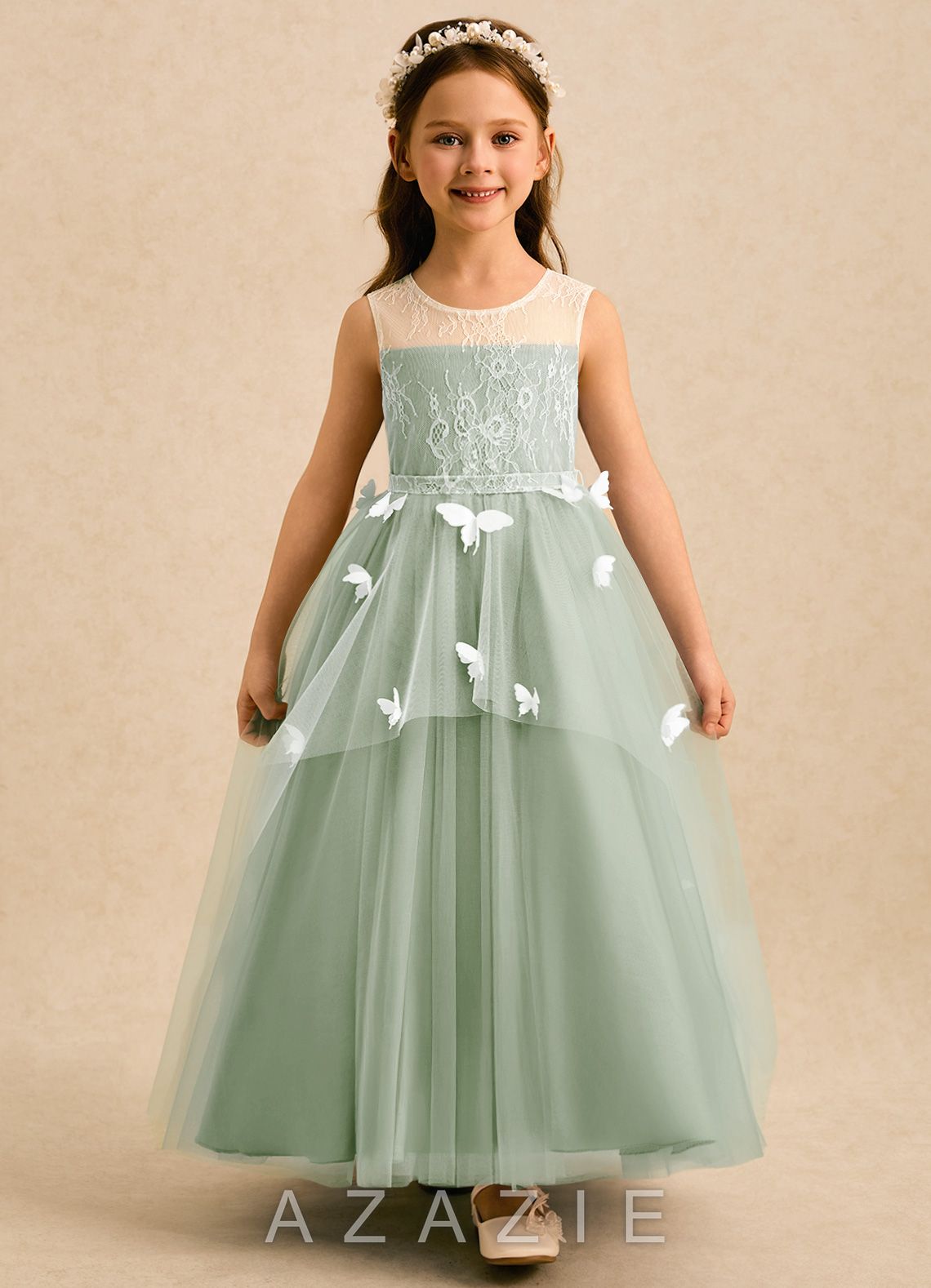 Azazie Mariposa Dusty Sage Ball-Gown Lace Tulle Dress dusty_sage