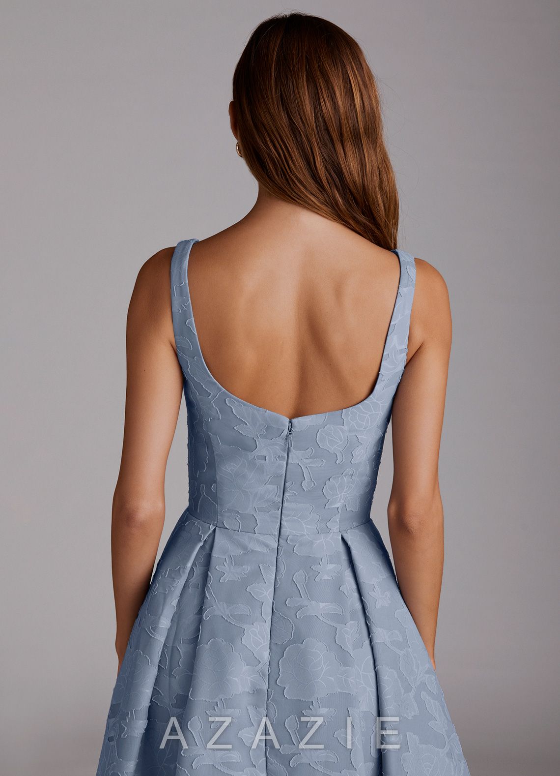 Azazie Amalie Dusty Blue A-Line Pleated Floral Burnout Dress dusty_blue