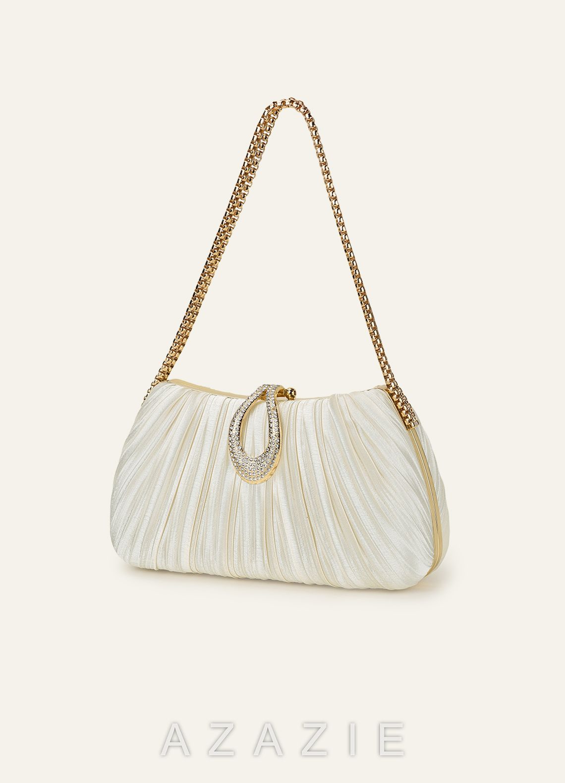 Matching Color Crystal Buckle Pleated Satin Clutch Bag