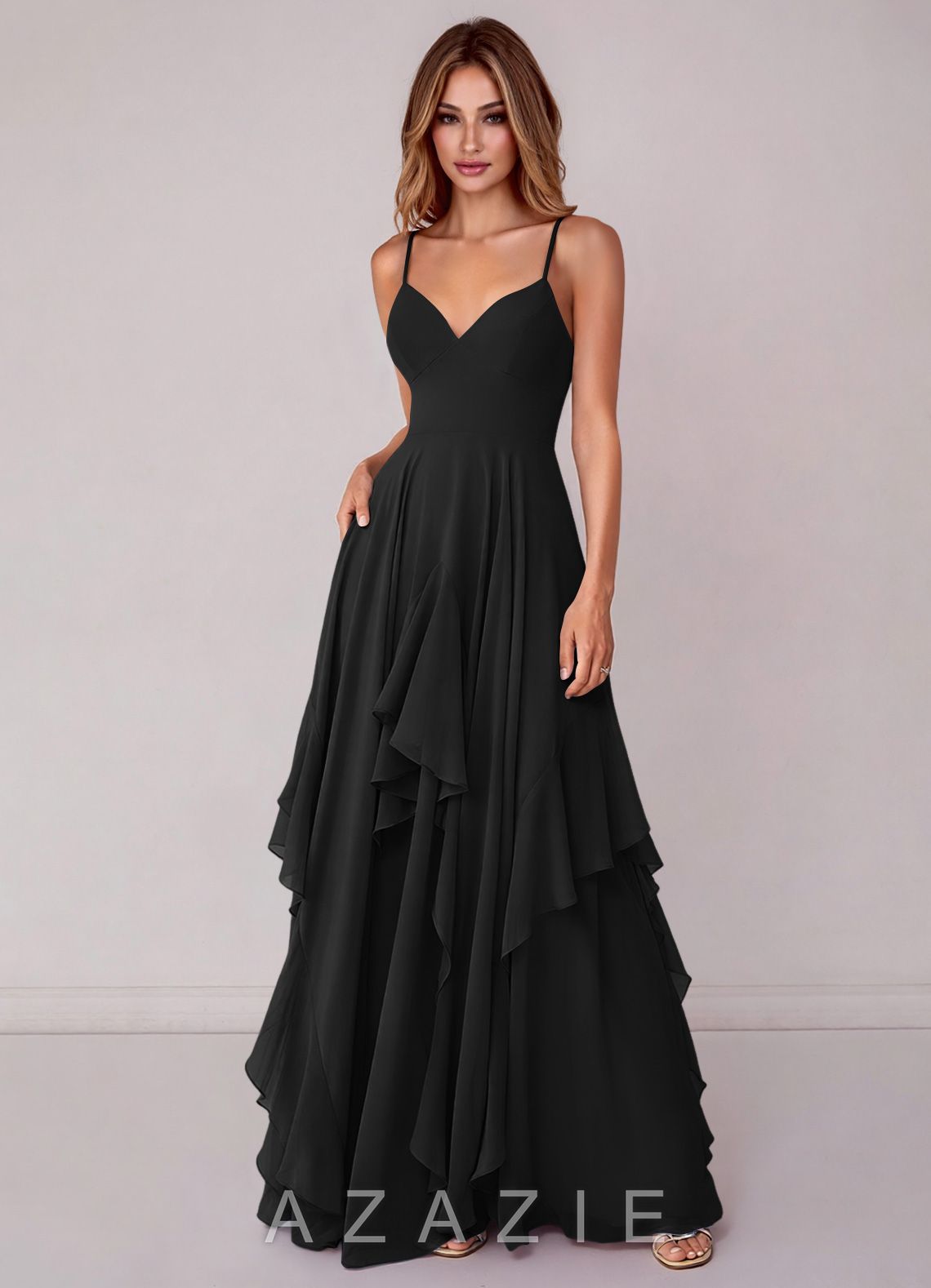 Azazie Zaina Black A-Line Chiffon Dress black