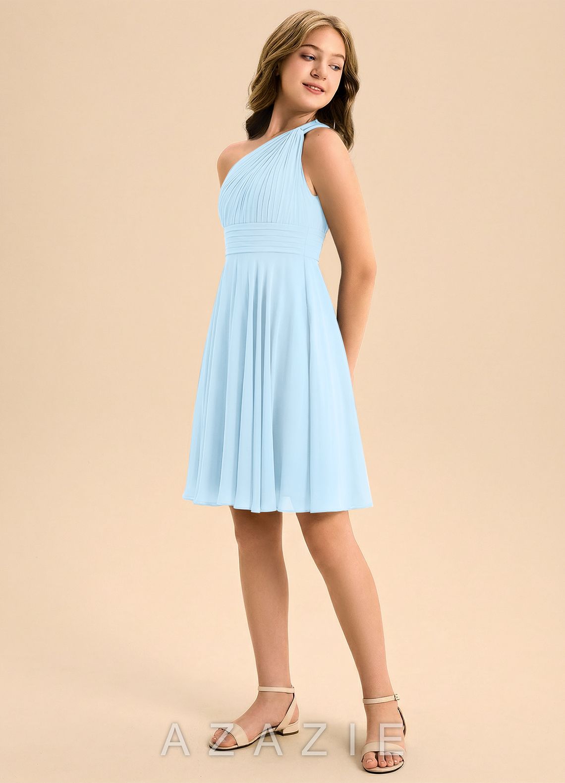 Azazie Charlize Junior Sky Blue A-Line Pleated Chiffon Dress sky_blue