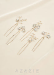 Rhinestone Floral Cluster Hairpin Set  gold