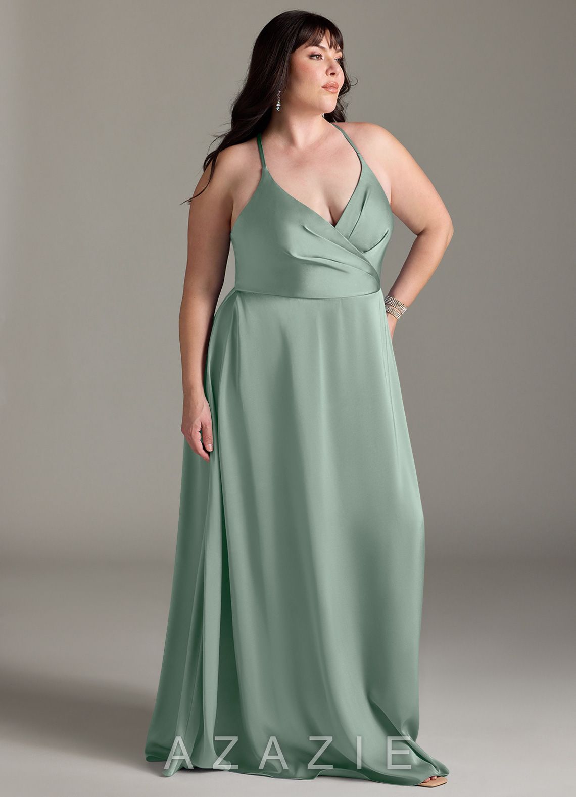 Azazie Davis Agave A-Line Pleated Stretch Satin Dress agave