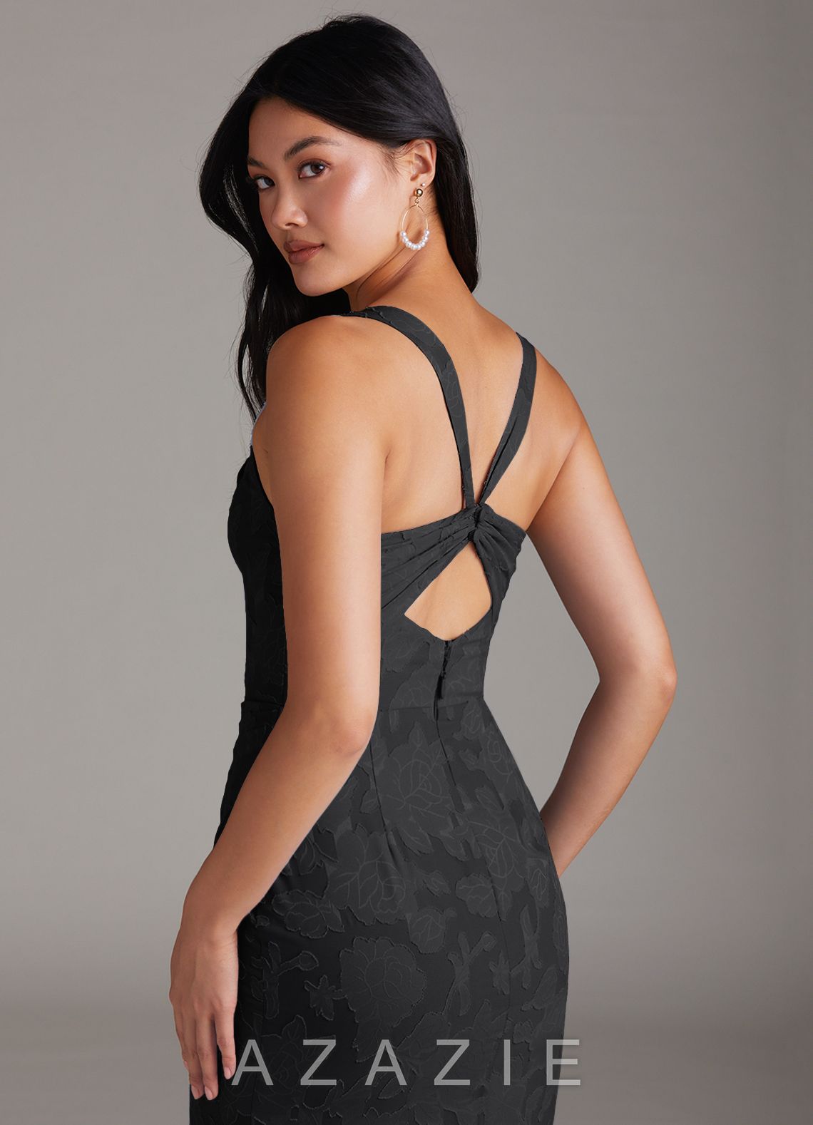 Azazie Mero Black Sheath Pleated Floral Burnout Dress black