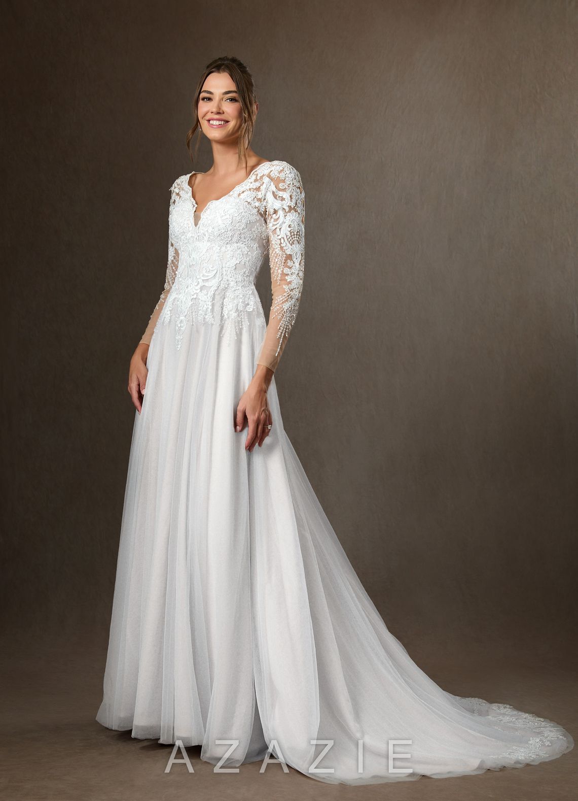 Azazie Essy Wedding Dress Diamond White A-Line V-Neck Sequins Tulle Dress