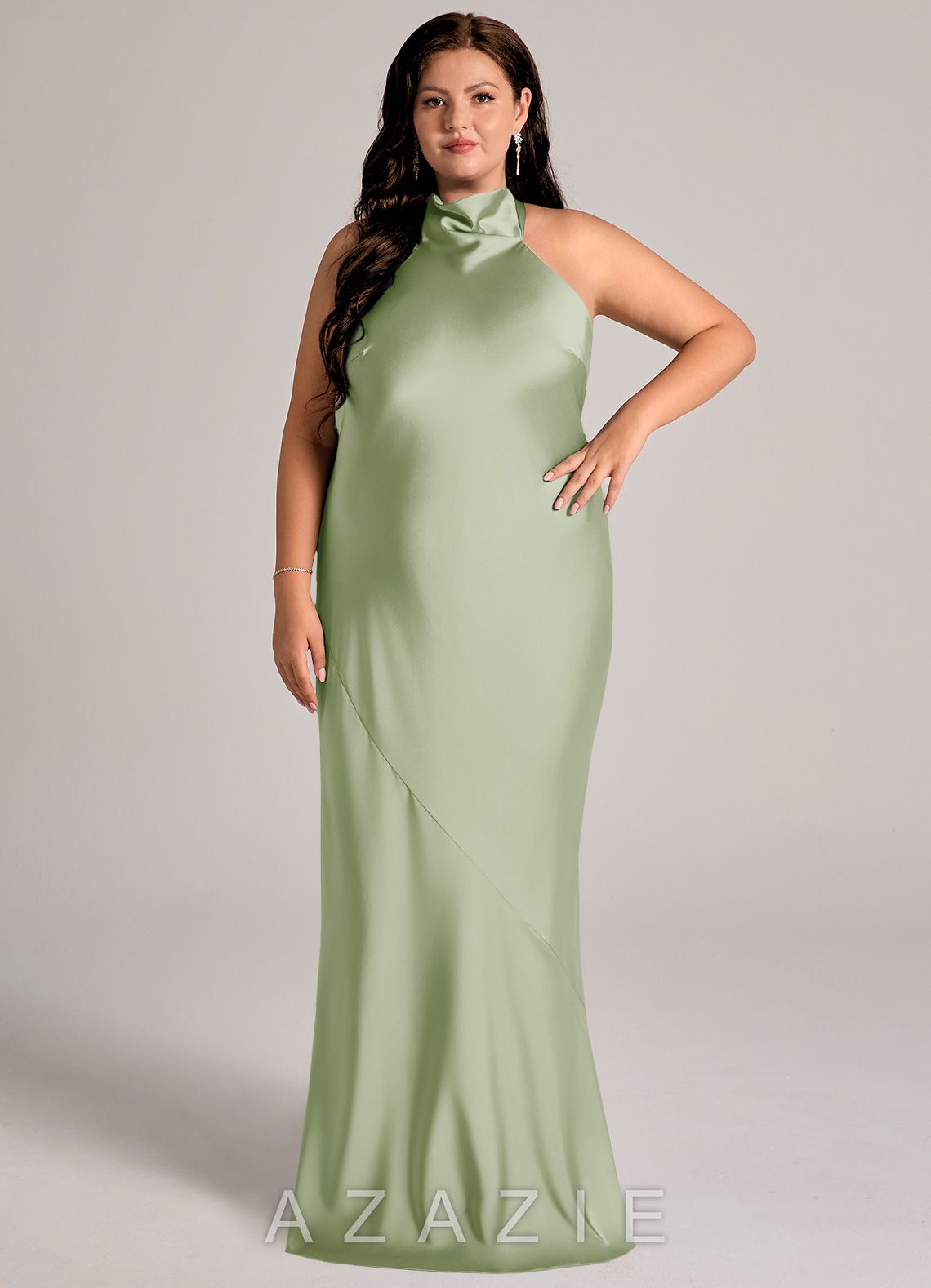 Azazie Velli Dusty Sage Mermaid High Neck Stretch Satin Dress dusty_sage