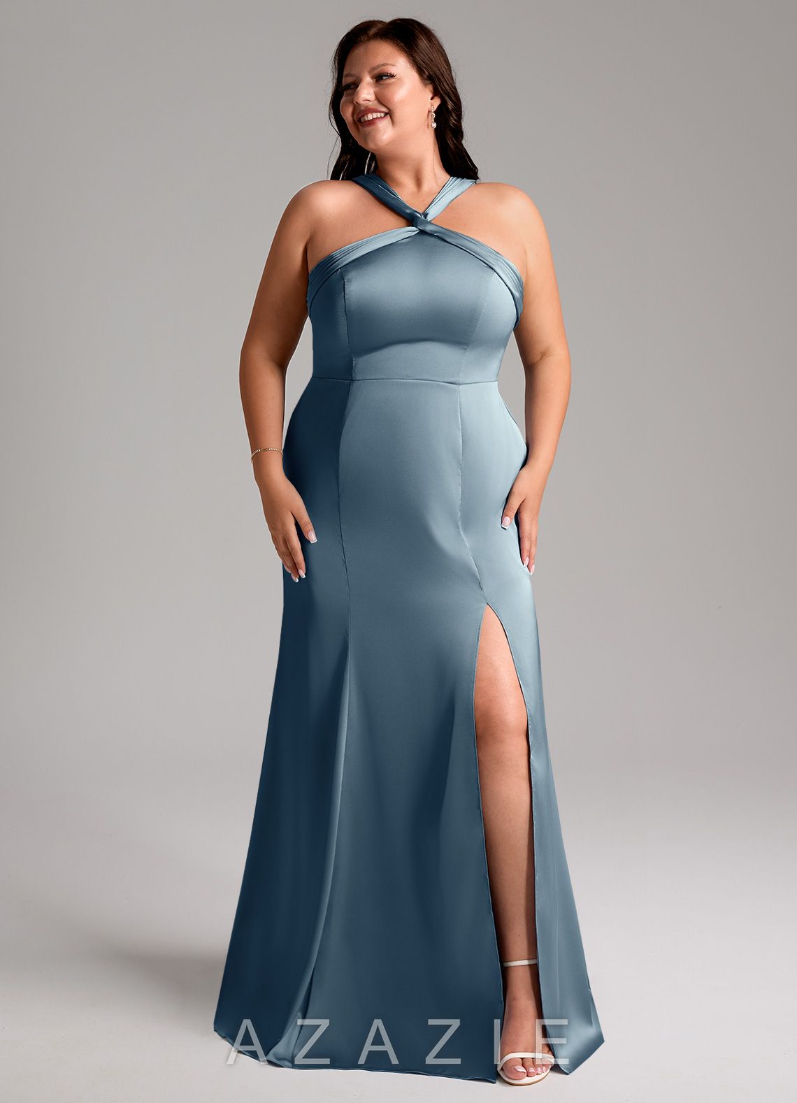 Azazie Rue Dusty Blue Mermaid Pleated Stretch Satin Dress dusty_blue