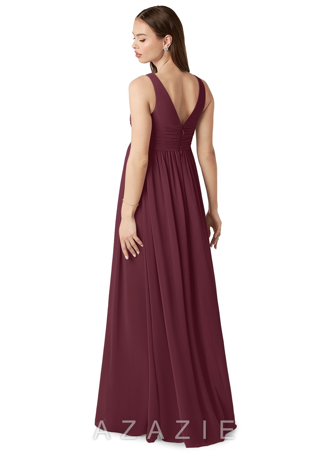 Azazie Yetta A-Line V-Neck Gathered Chiffon Floor-Length Dress