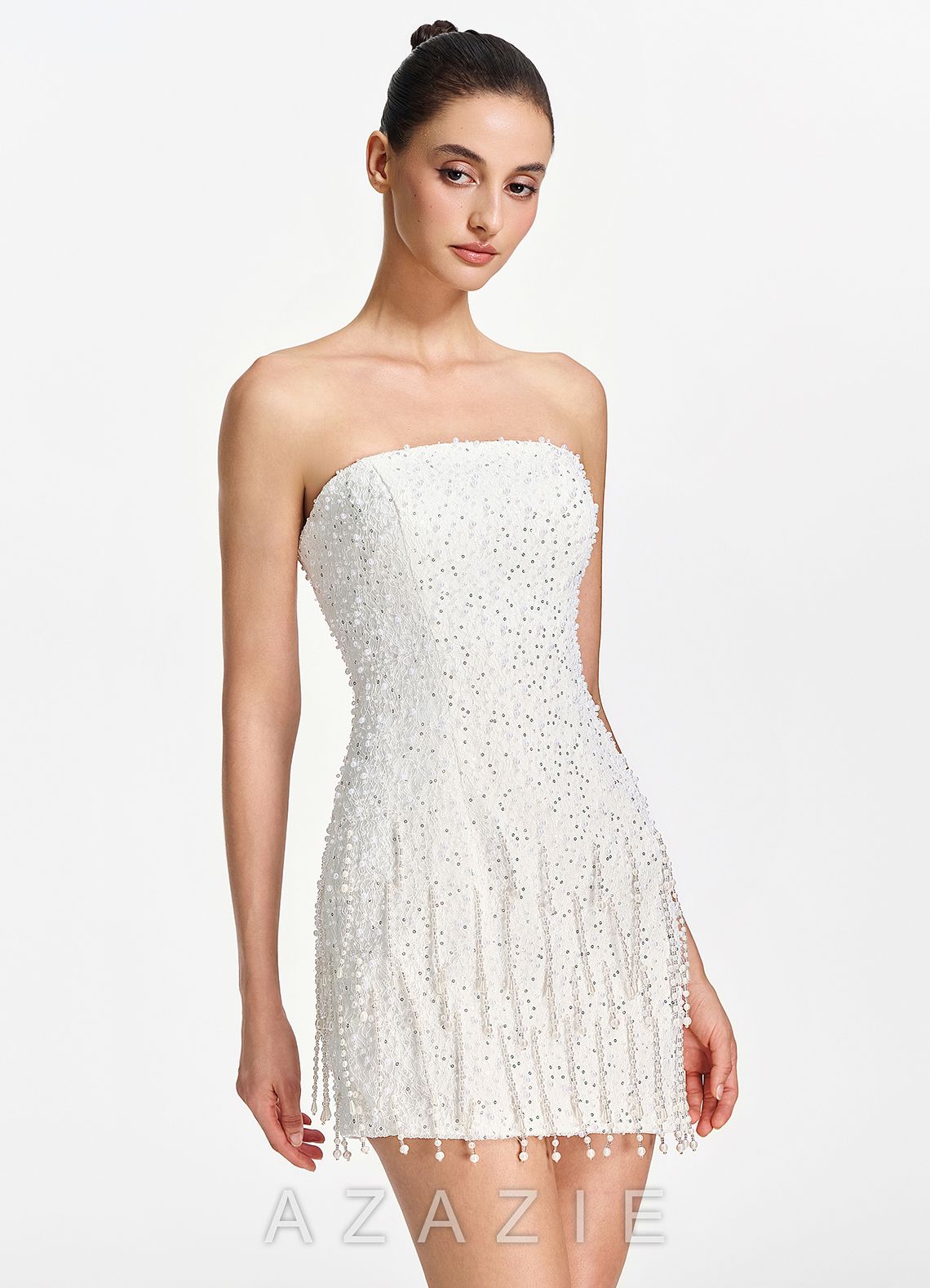 Mahault White Strapless Beaded Fringe Lace Up Mini Dress