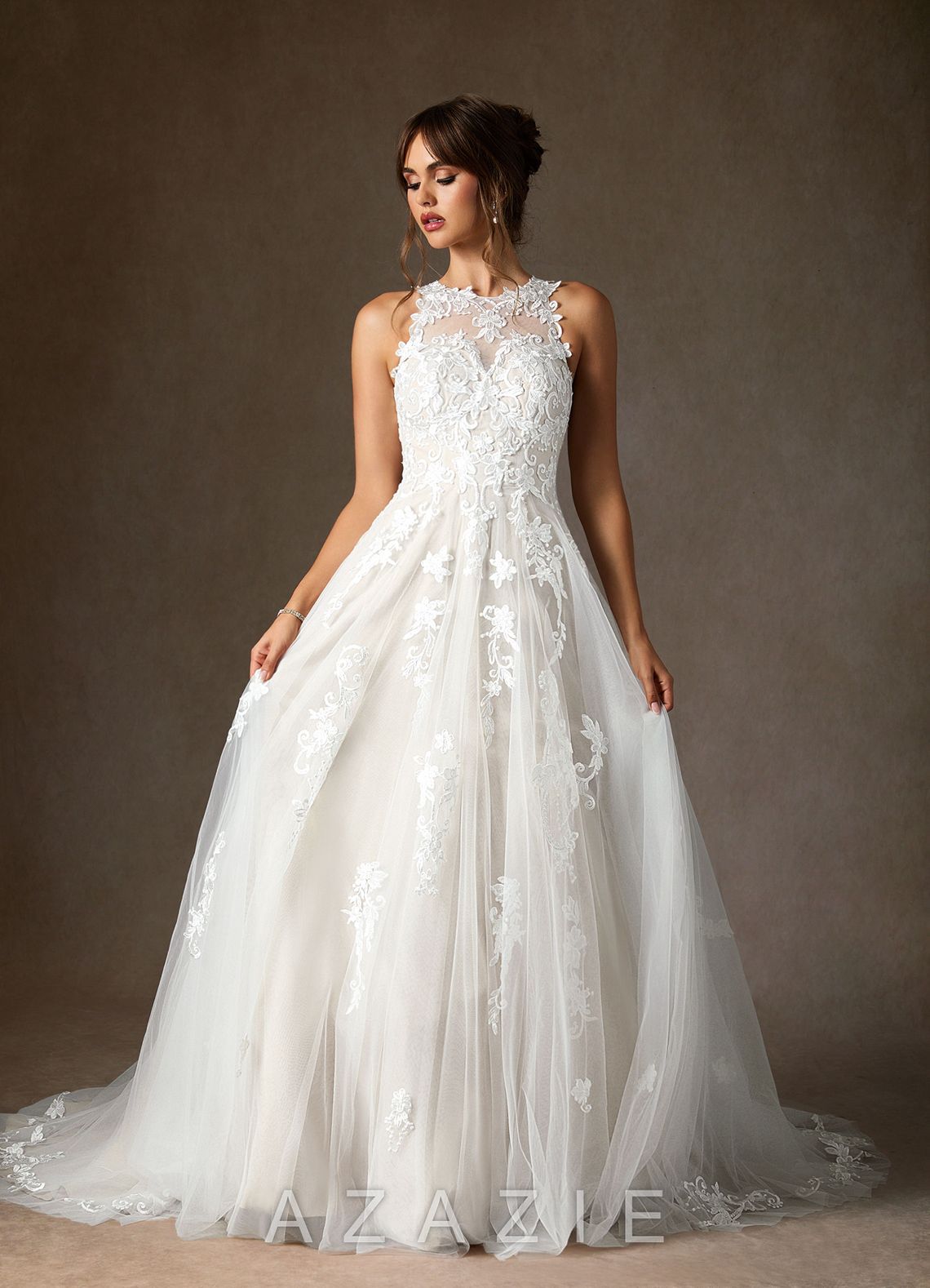Azazie Melrose Wedding Dress Diamond White A-Line Sweetheart Lace Tulle Dress diamond_white