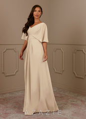 Azazie Oksana Champagne A-Line V-Neck Pleated Chiffon Dress