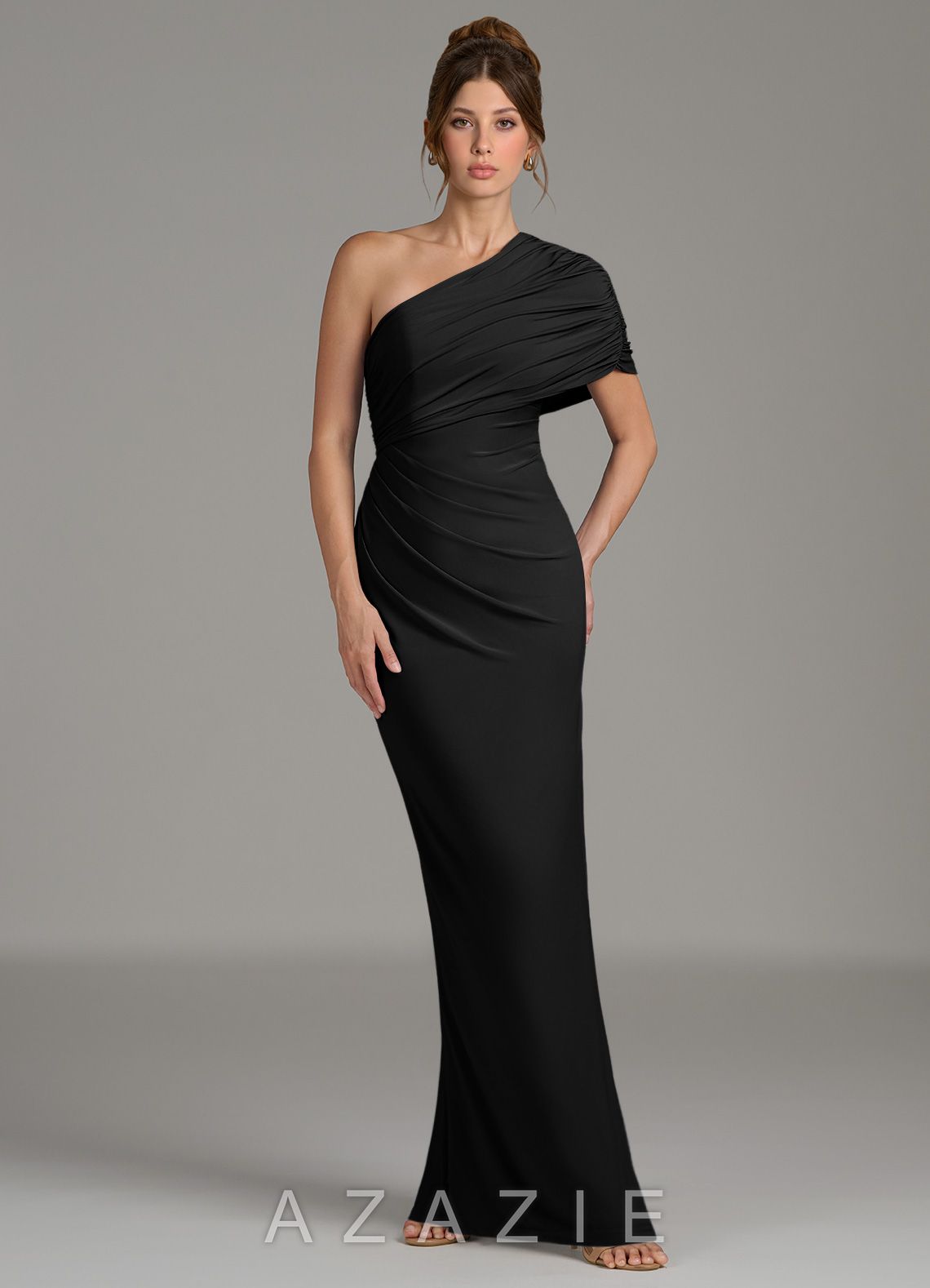 Azazie Essence Black Sheath One Shoulder Premium Stretch Jersey Dress black