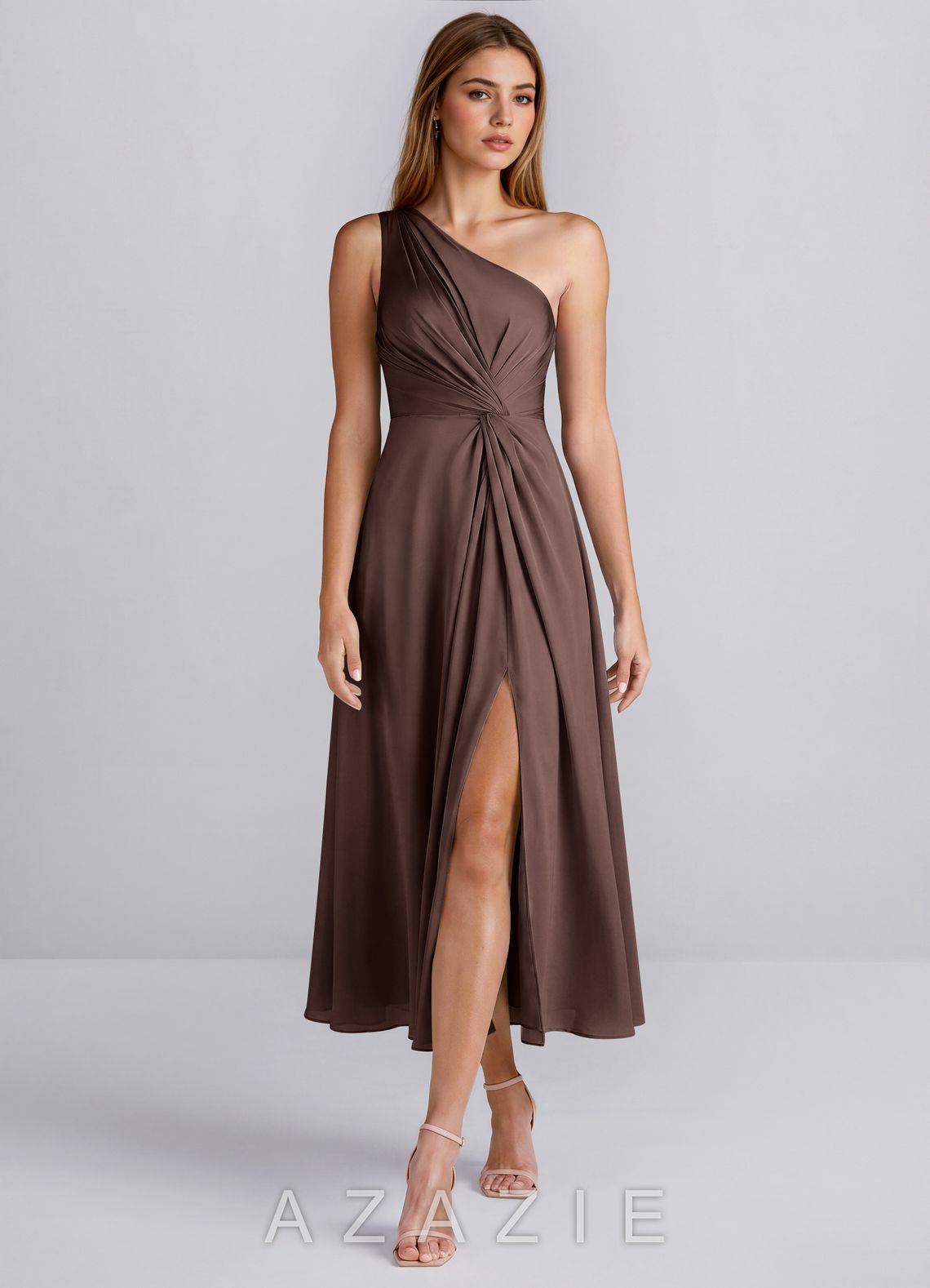 Hermine Ganache One Shoulder Satin Slit Midi Dress