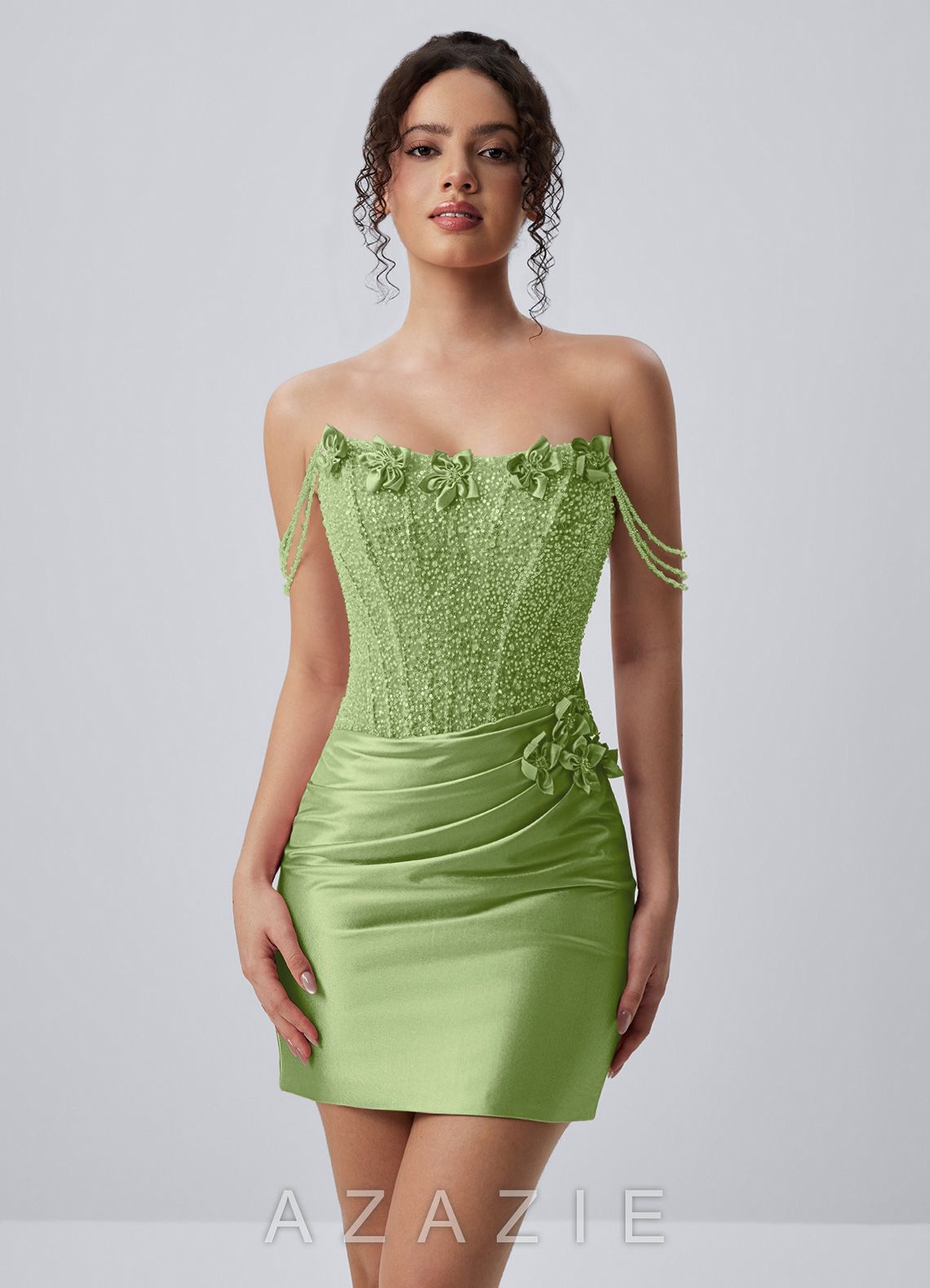 Ophelianaire Basil Corset Beading Rhinestones 3D Flowers Stretch Satin Mini Dres