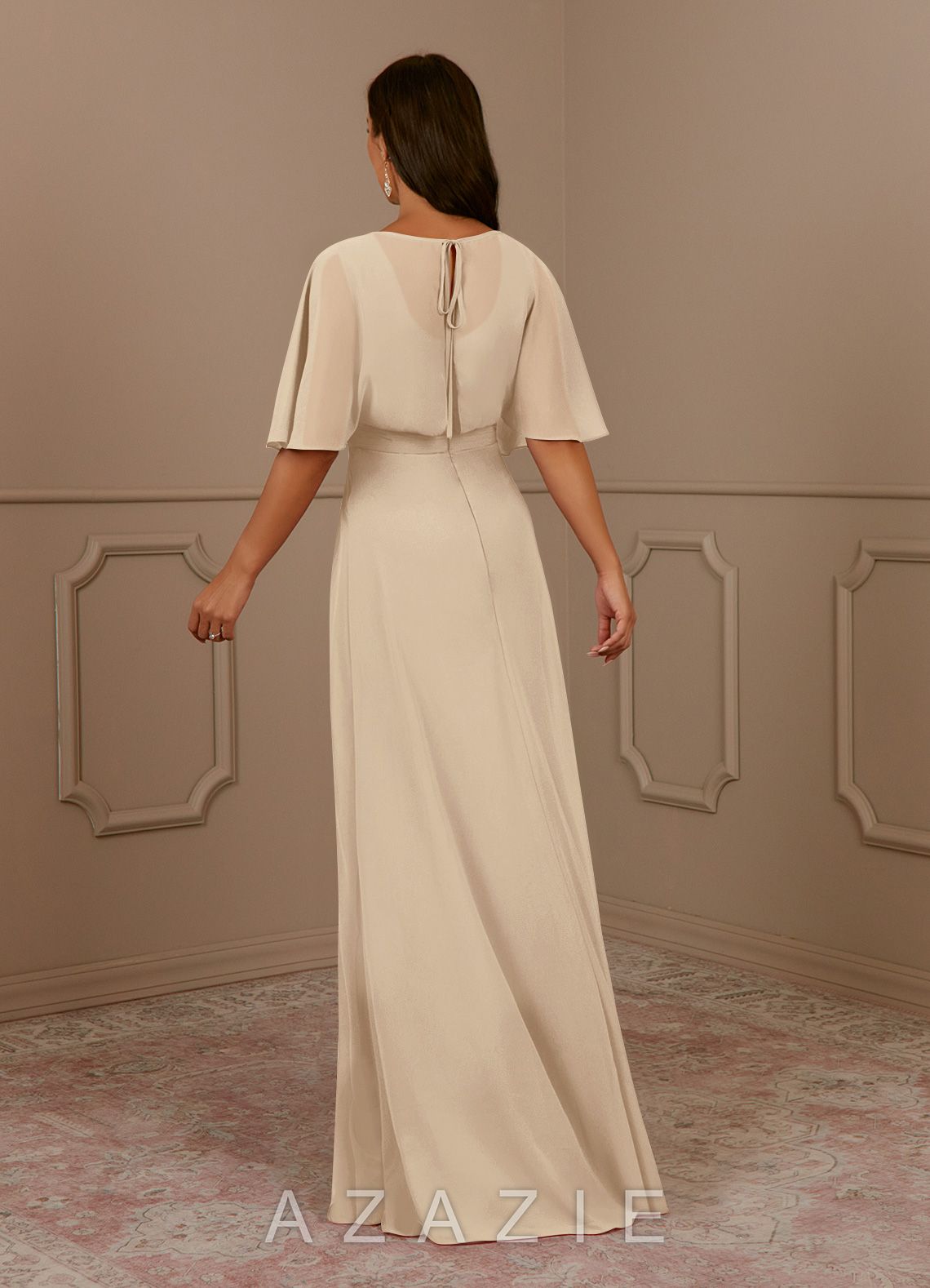 Azazie Oksana Champagne A-Line V-Neck Pleated Chiffon Dress champagne