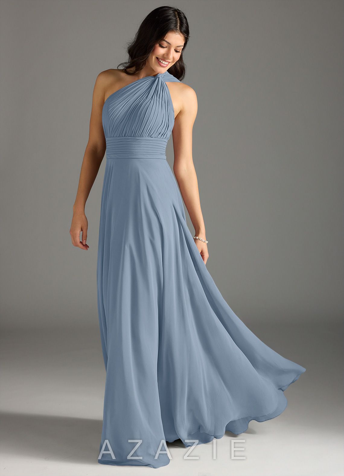 Azazie Charlize Dusty Blue A-Line One Shoulder Chiffon Dress
