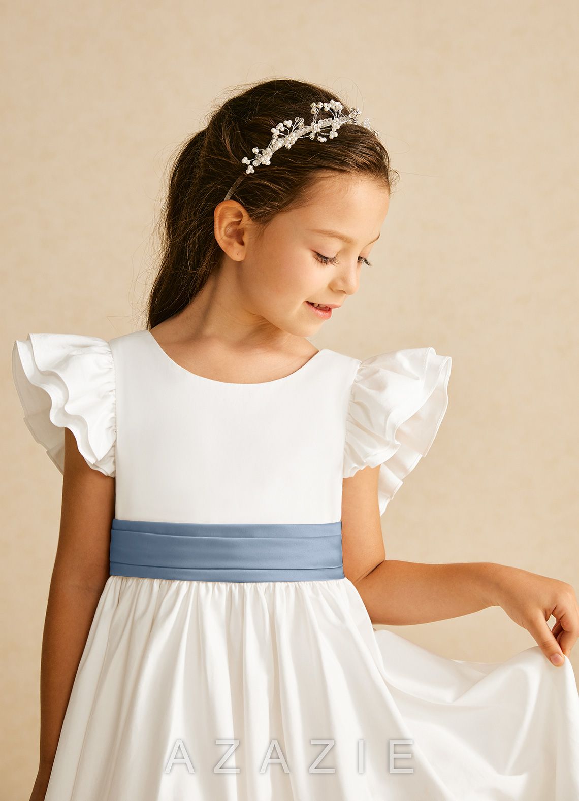 Azazie Aero Ivory Dusty Blue A-Line Pleated Cotton Dress ivory/dusty_blue