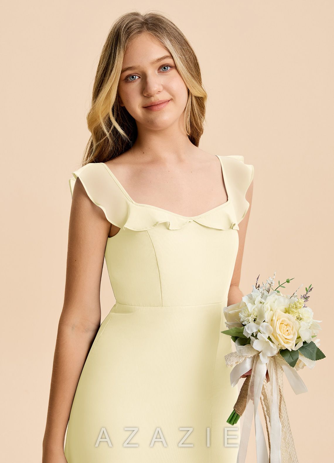 Azazie Cindy Junior Lemon Sorbet A-Line Ruched Chiffon Dress lemon_sorbet