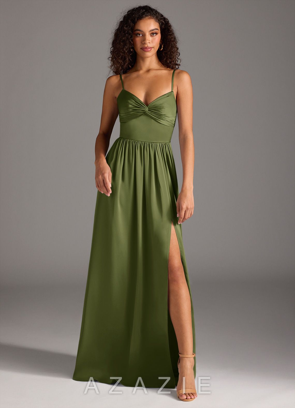 Azazie Zeya Olive A-Line Pleated Stretch Satin Dress olive