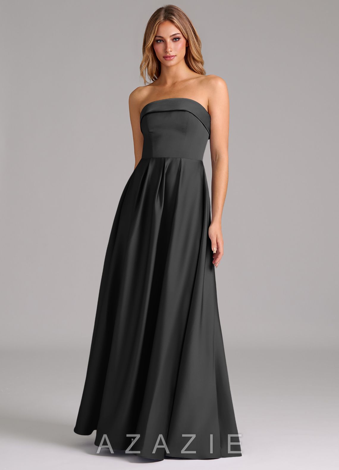 Azazie Lucienne Black A-Line Strapless Stretch Satin Convertible Dress