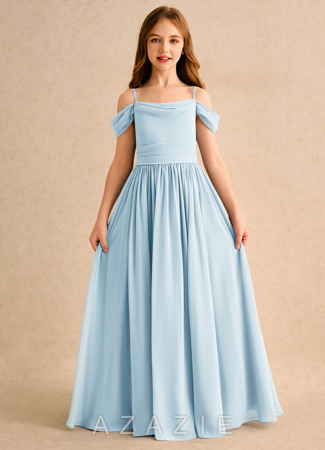 Azazie Shia Girls Formal Sky Blue A-Line Off the Shoulder Chiffon Dress sky_blue